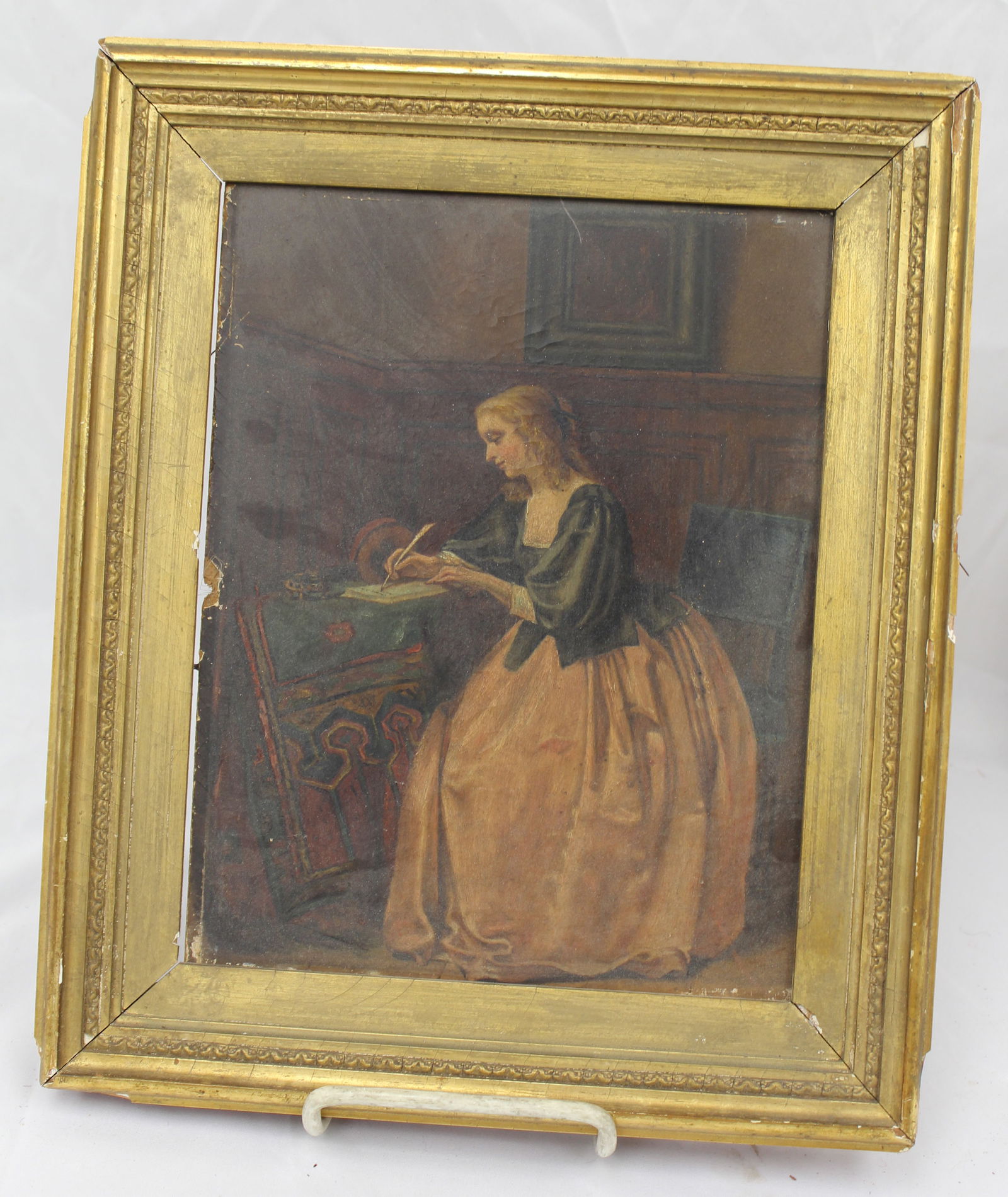 Antique o/bd portrait of a woman sitting at a desk writing a letter - overall framed size 12 1/2"x10 (1 of 6)