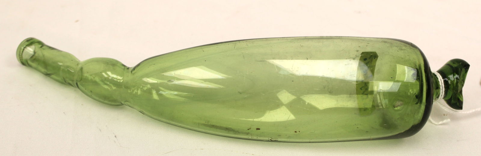 Early green glass flask/bottle - 9" long: Early green glass flask/bottle - 9" long