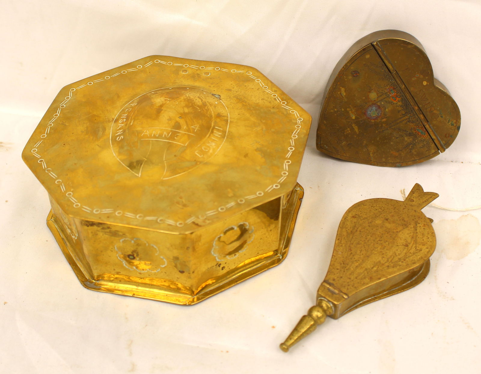 Lot of 3 antique brass boxes incl bellows form, heart form & octagonal - 5 1/2", 4" & 2/5" tall x 6: Lot of 3 antique brass boxes incl bellows form, heart form & octagonal - 5 1/2", 4" & 2/5" tall x 6 1/2" wide