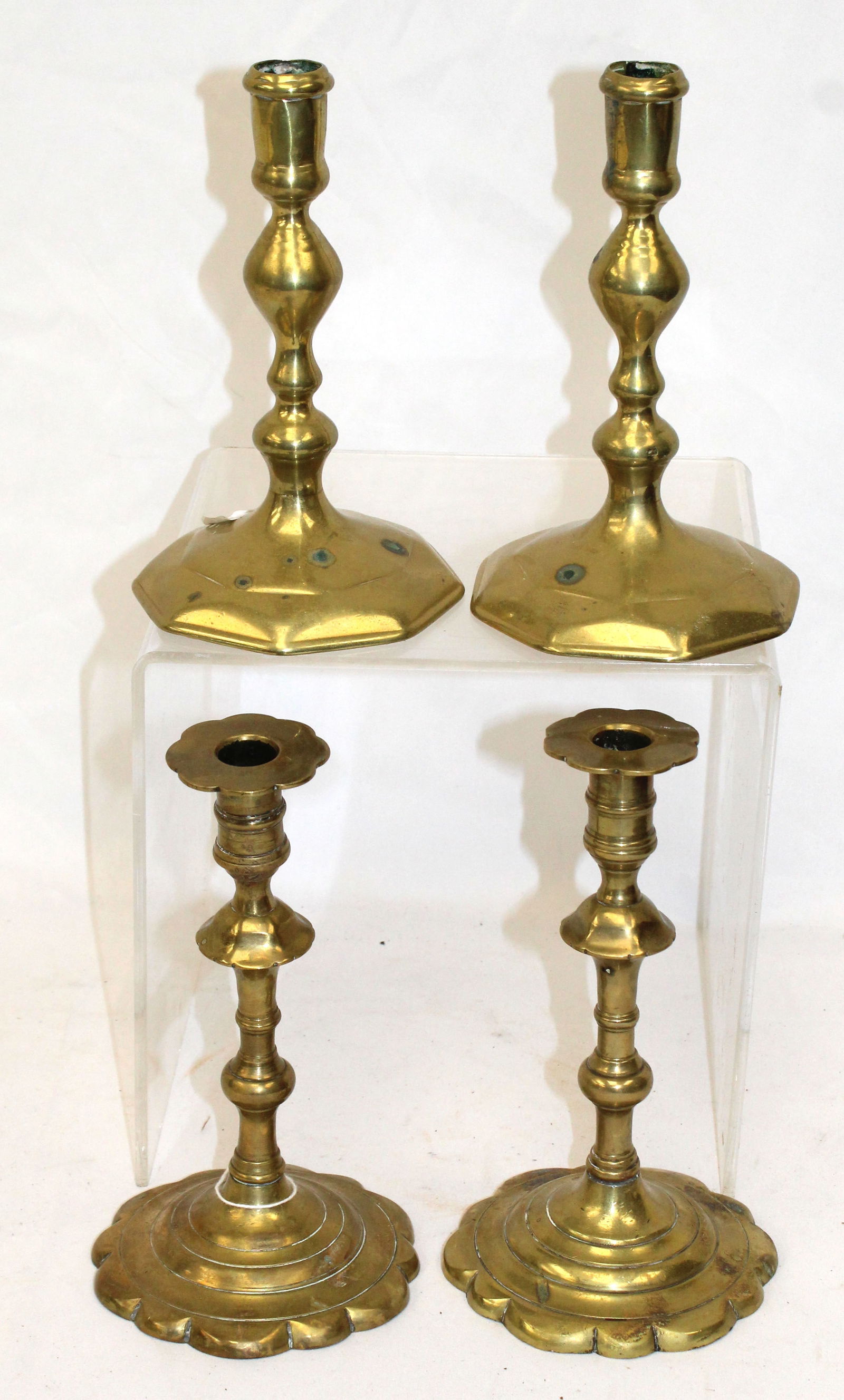 Lot of 2 pairs of brass candlesticks - 8" tall & 7 1/2" tall (1 of 5)