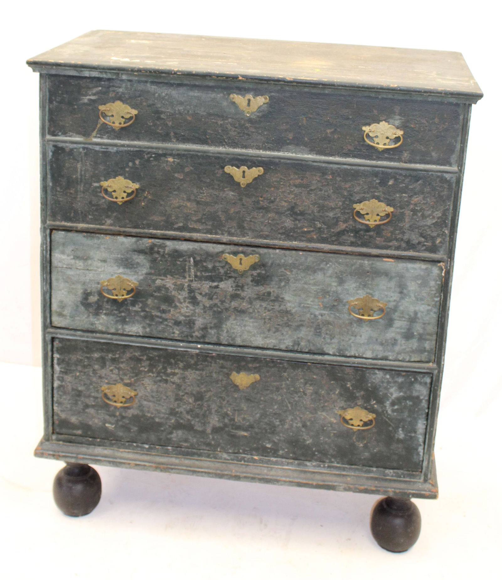 18thC American ball foot 2 dr blanket chest in old paint - replaced brasses - 43" tall x 36" x 19" (1 of 12)