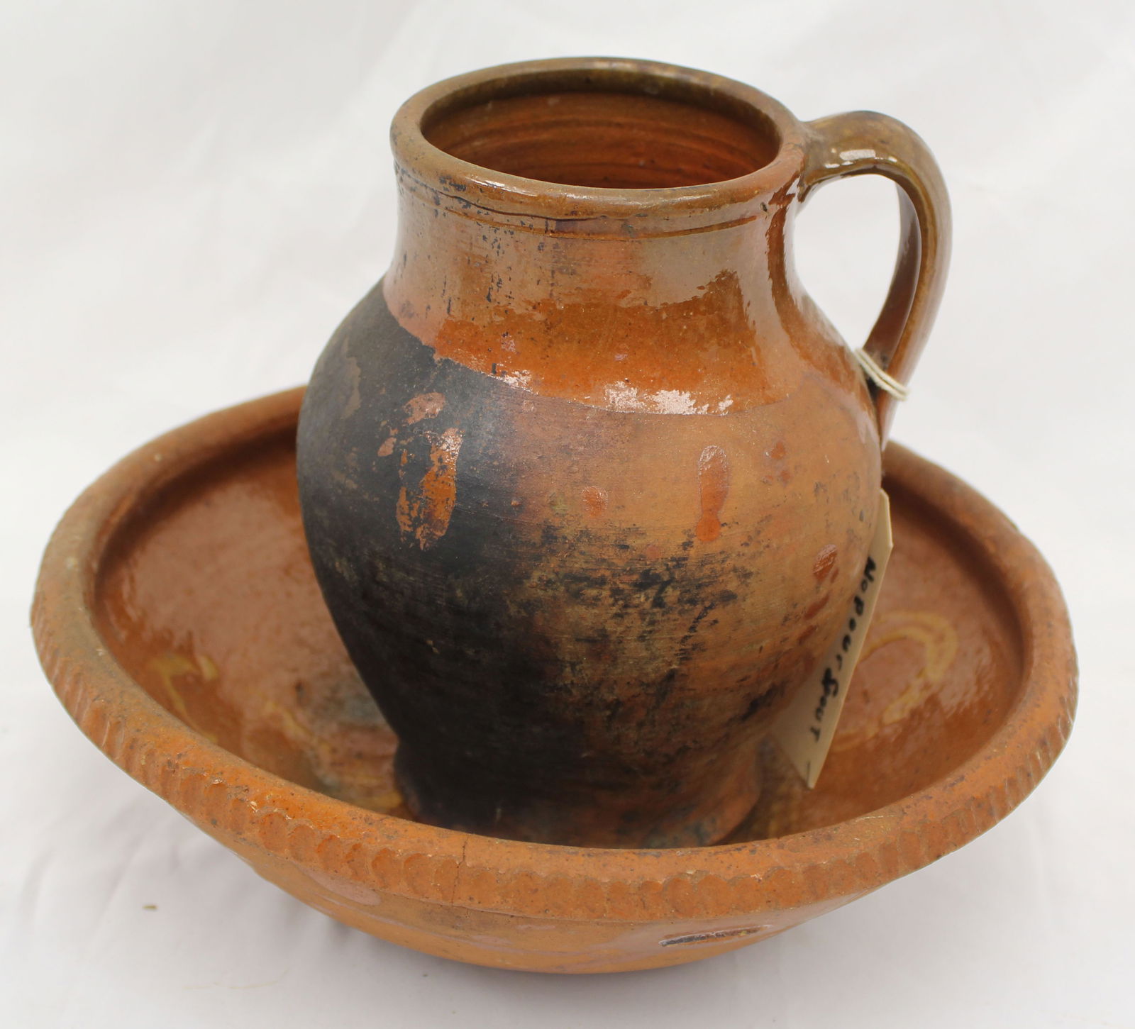 Lot of 2 antique redware items incl pitcher & bowl - 7" tall pitcher & 3" tall x 10" diam (1 of 9)