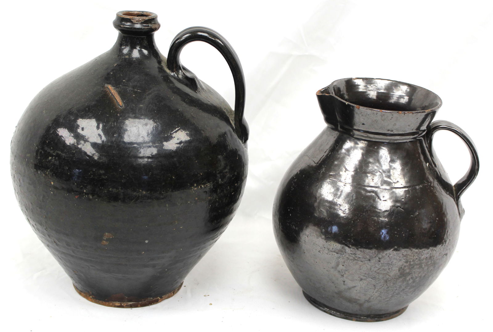 Lot of 2 antique redware items incl jug & pitcher - 12 1/2" tall jug & 11 1/2" tall pitcher (1 of 12)