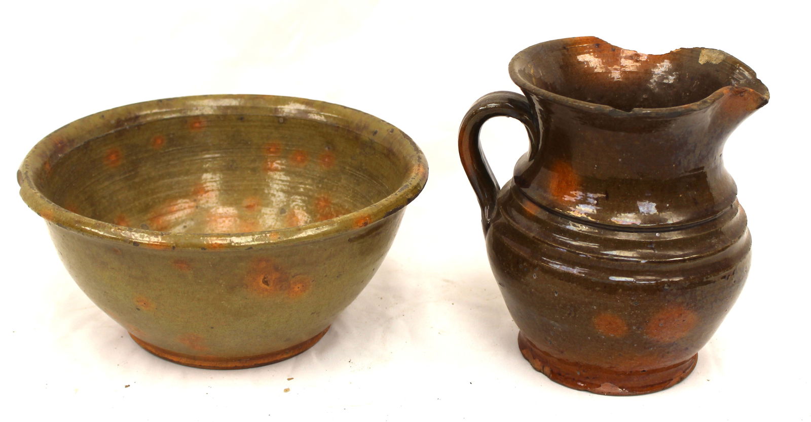 Lot of 2 antique redware items incl pitcher & bowl - 7" tall pitcher & 4 1/2" tall x 7" diam (1 of 10)