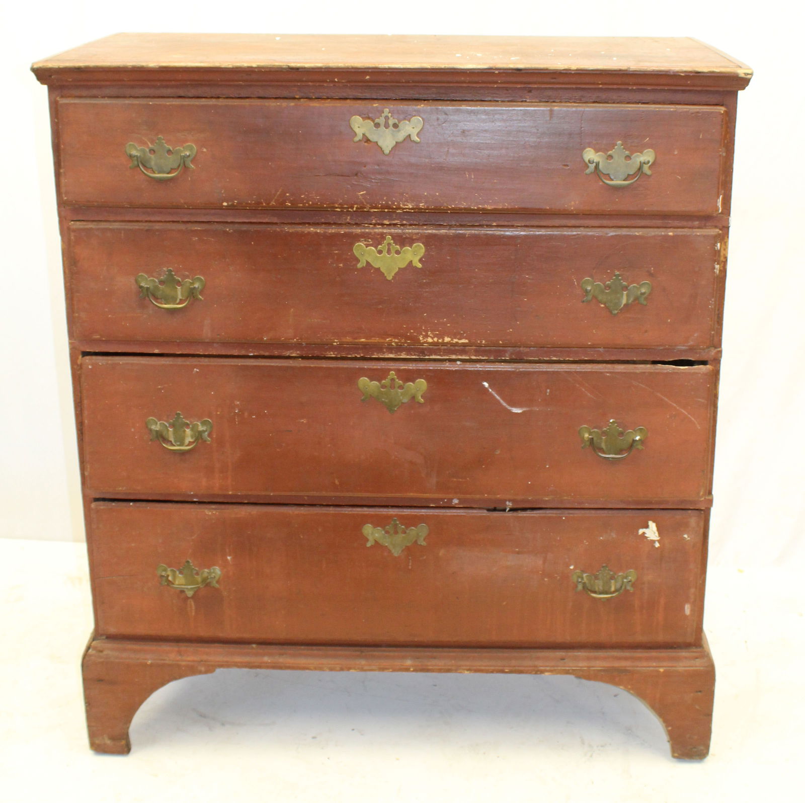 18thC 4 dr chest in red paint - 44" tall x 39" wide x 19" deep: 18thC 4 dr chest in red paint - 44" tall x 39" wide x 19" deep