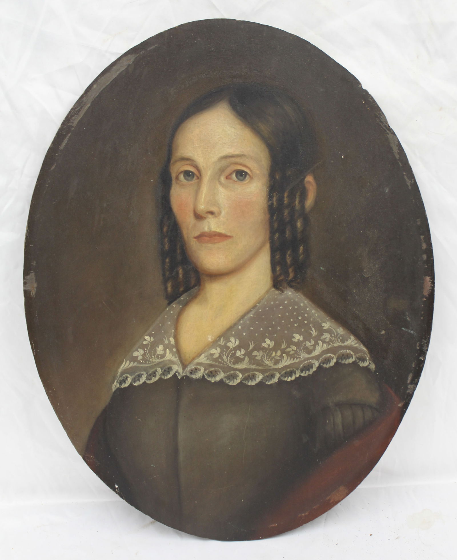 Antique oval oil on panel portrait of a woman inscribed on verso "Mr John D. Howard Salem" & "BF: Antique oval oil on panel portrait of a woman inscribed on verso "Mr John D. Howard Salem" & "BF Shaw" - unframed 23 1/2"x18"