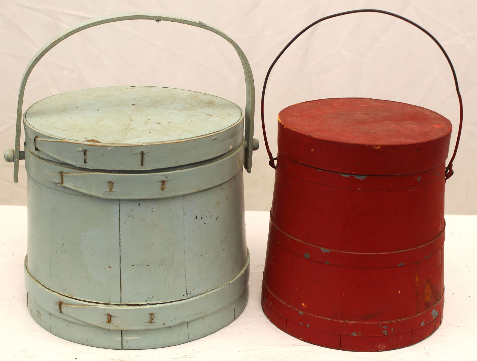 Lot of 2 antique firkin buckets in red & blue paint - 7 1/2"x8" diam & 7 1/2" tall x 6 1/2" diam (1 of 4)