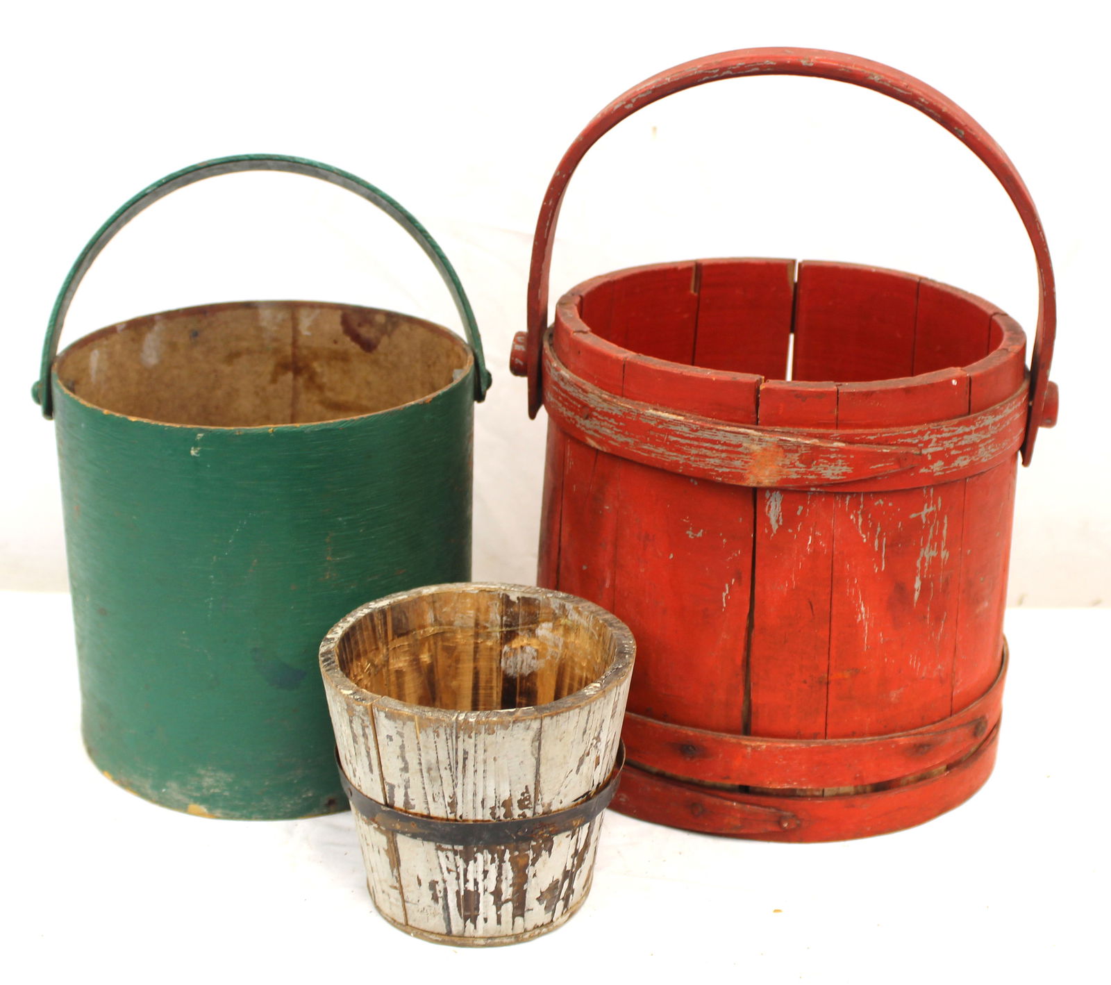 Lot of 3 antique painted buckets incl white, red & green - 4 1/2" tall x 5" diam, 7 1/2" tall x 7 (1 of 4)