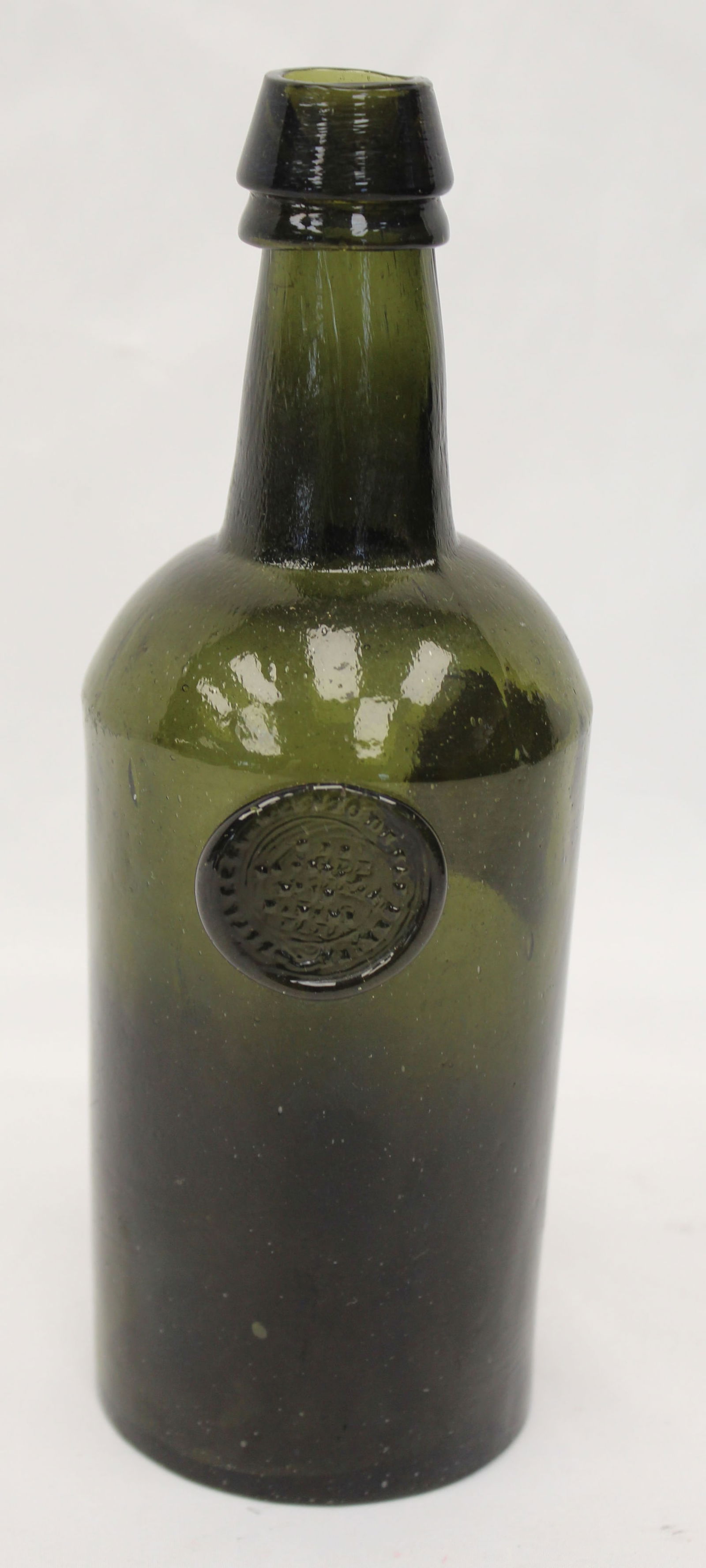 Early green glass bottle w seal - 7 1/2" tall (1 of 7)