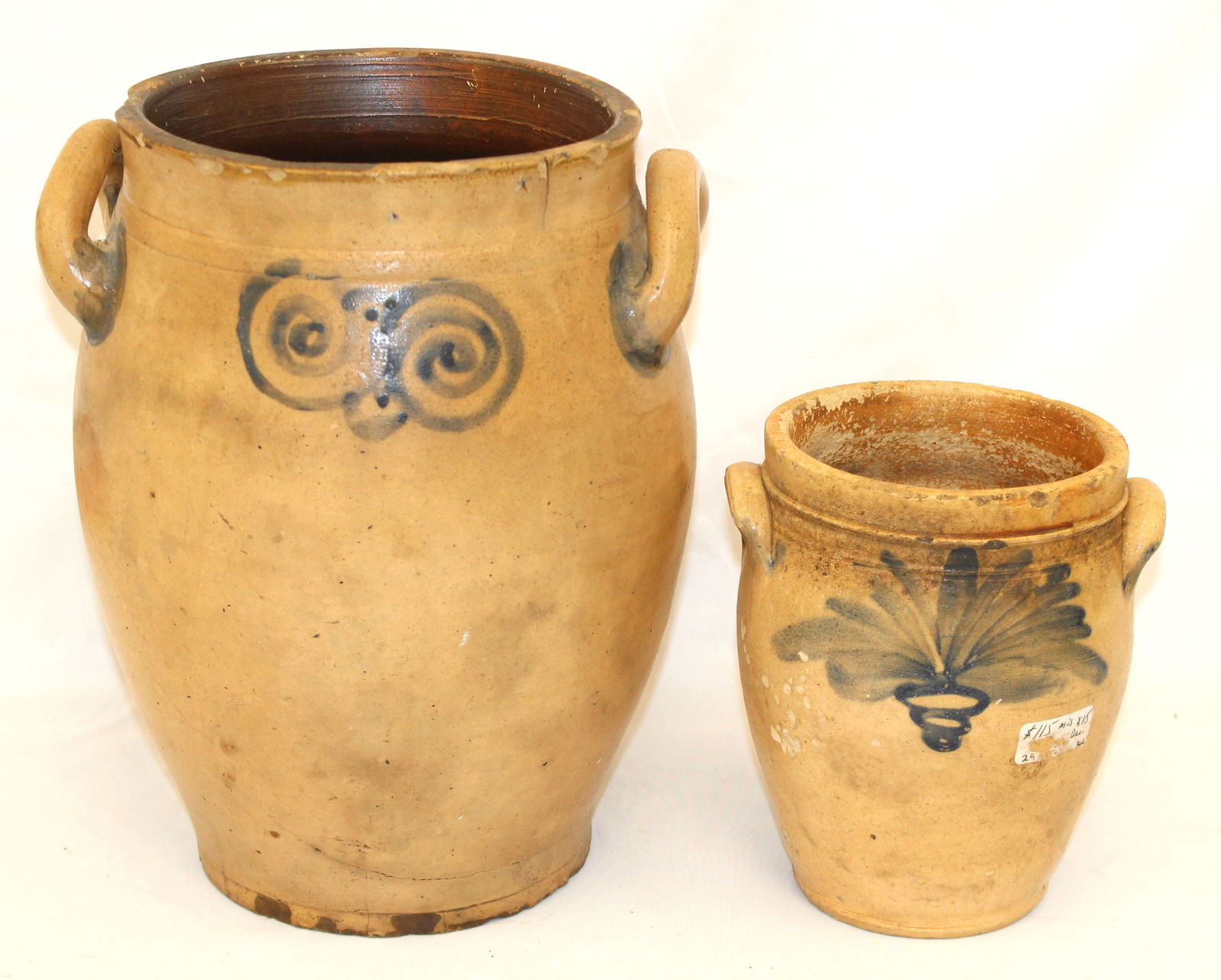 Lot of 2 antique stoneware ovoid jars w cobalt dec incl large one w owl on both sides - 13" tall x 8 (1 of 16)