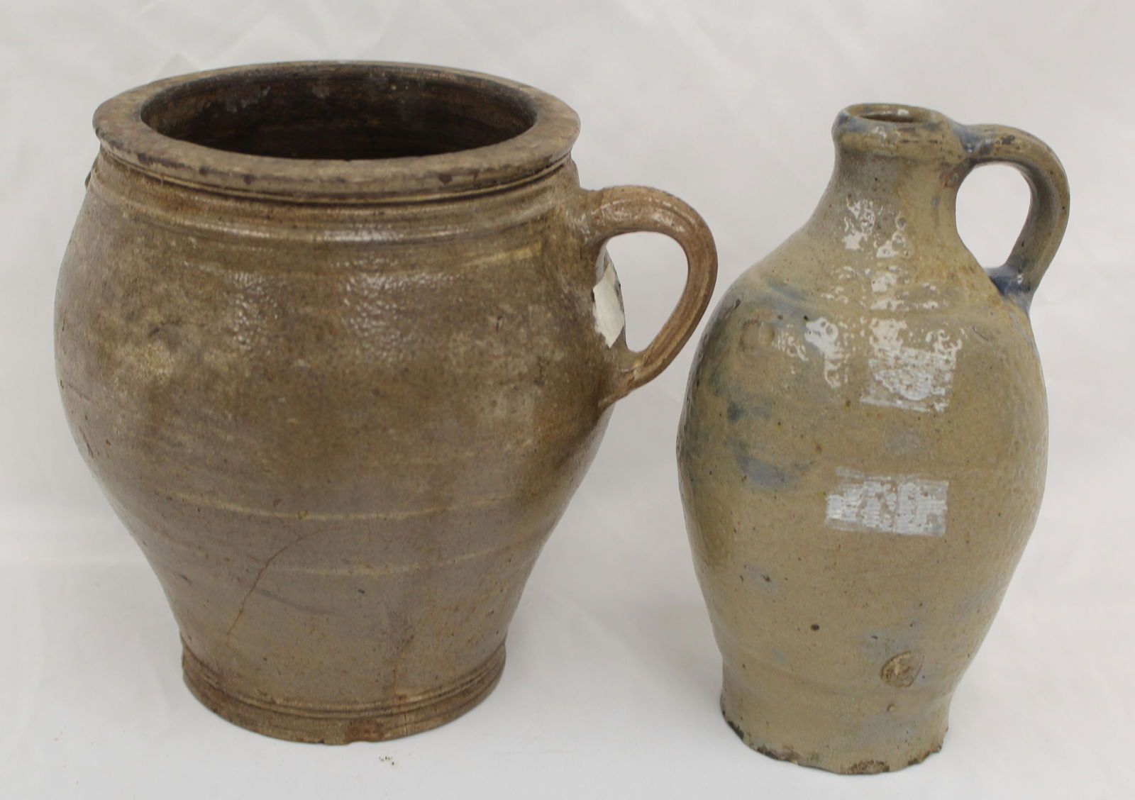 Lot of 2 antique stoneware ovoid vessels incl jar & jug - as found - 7 1/2" tall x 6" diam & 8" tall (1 of 8)