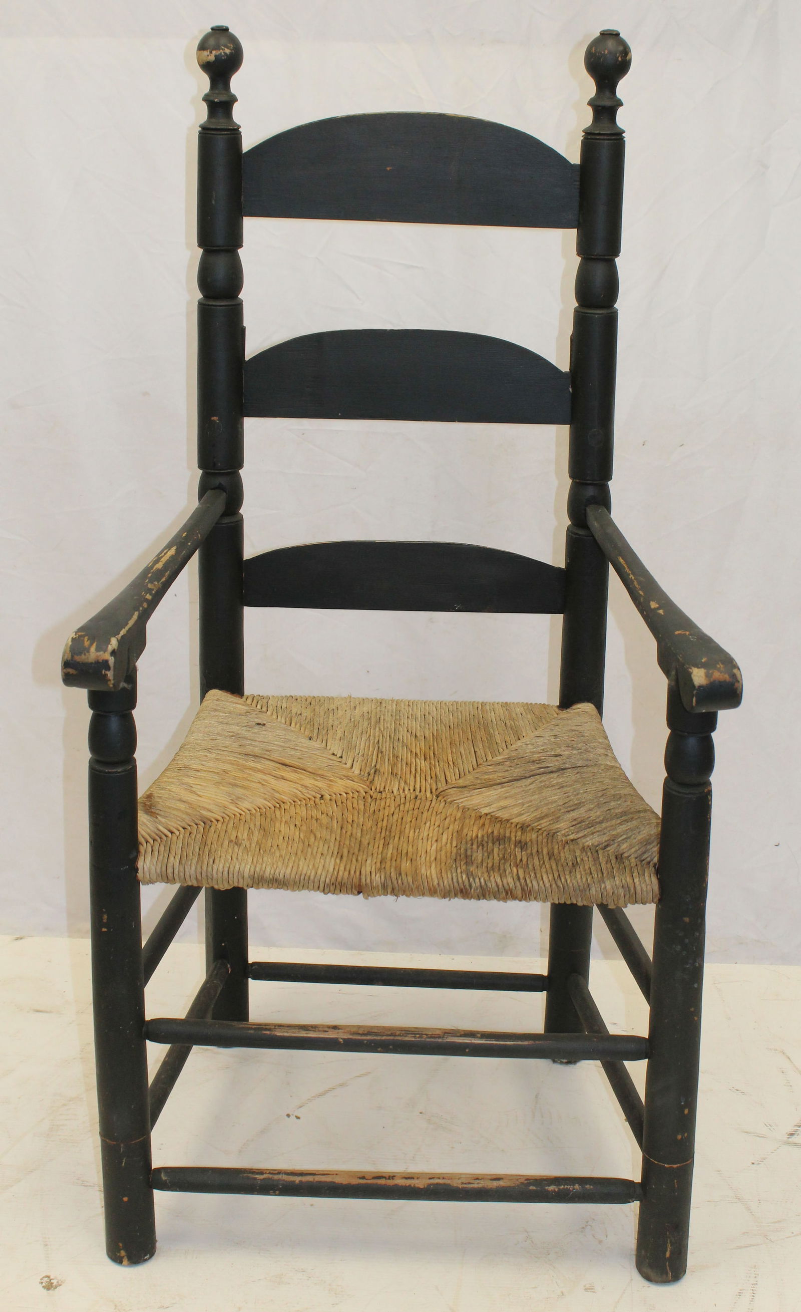 18thC 3 slat ladderback armchair in black w restorations - 49" tall w 18" seat height (1 of 7)