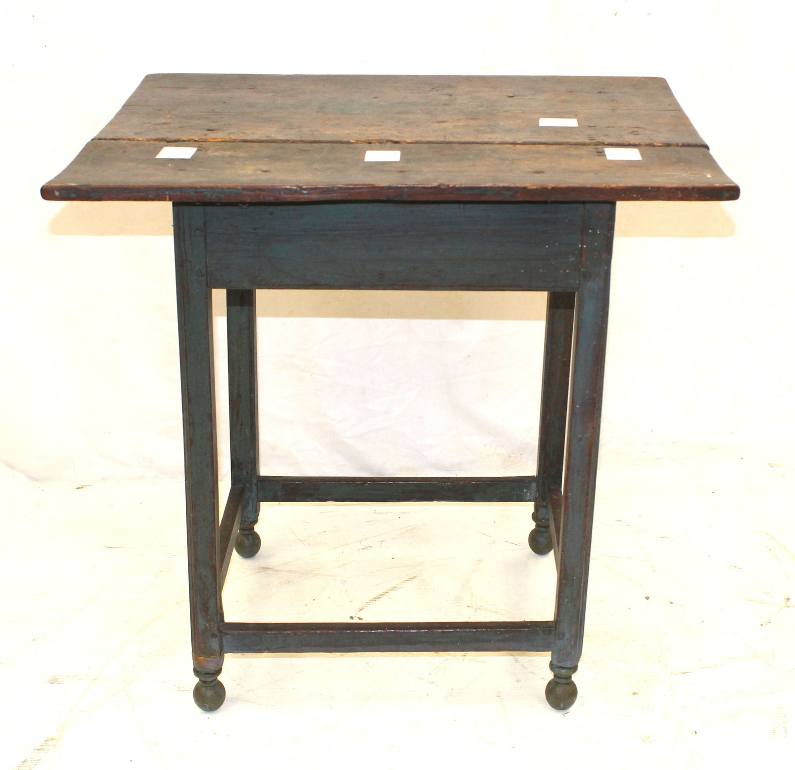 Chippendale tavern table on box stretcher base in old paint w replaced feet - 27" tall x 27"x21" top: Chippendale tavern table on box stretcher base in old paint w replaced feet - 27" tall x 27"x21" top