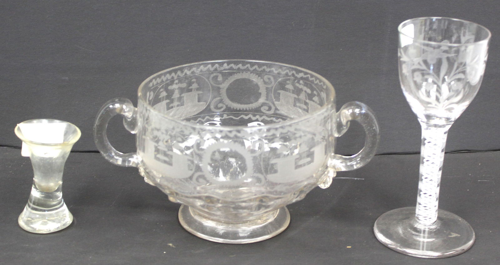 Lot of 3 early glass vessels incl etched decorated compote, etched decorated wine w swirled stem & (1 of 8)
