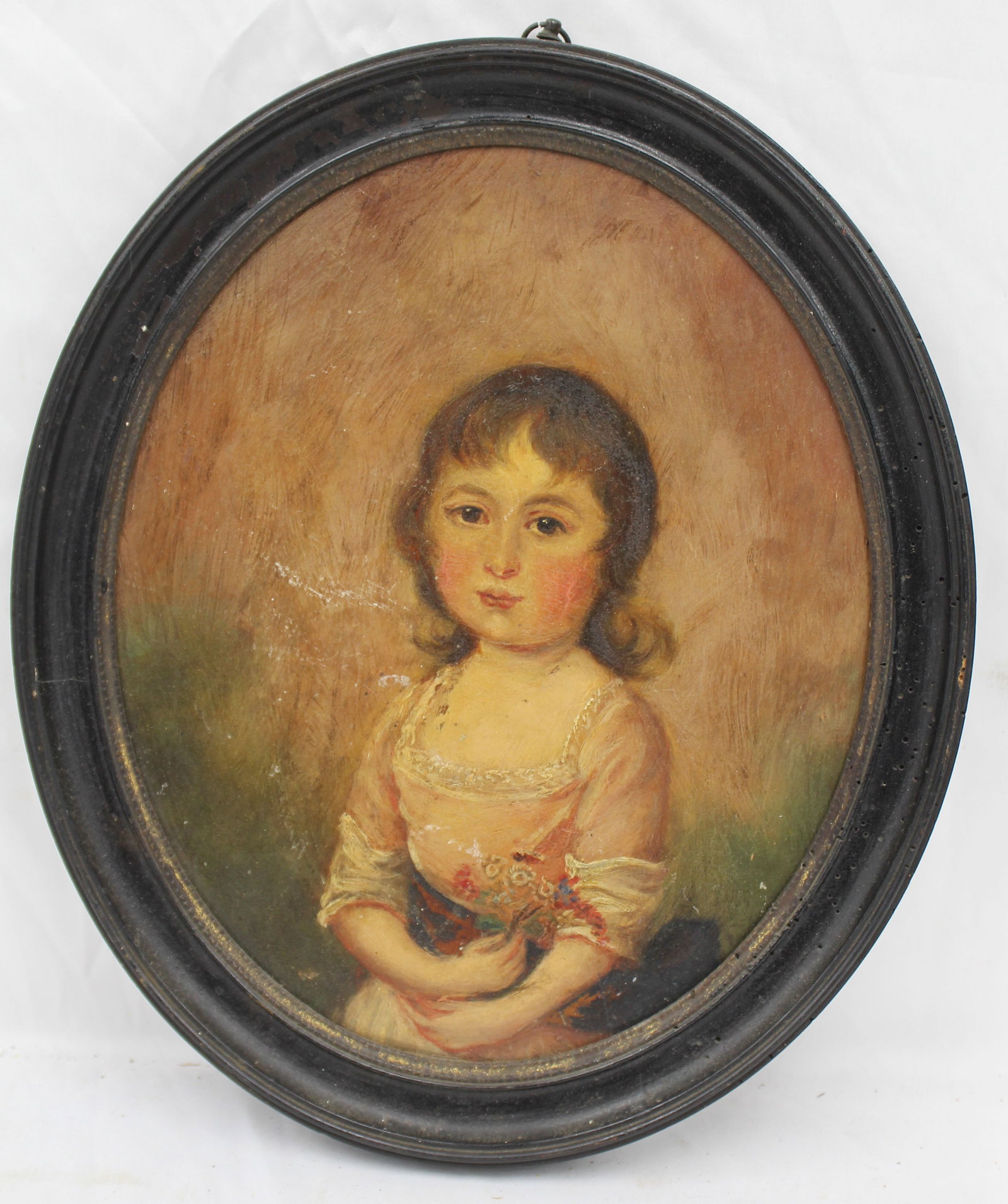 Antique oval oil on panel of a little girl holding flowers - overall framed size - 13 1/2"x11 1/4": Antique oval oil on panel of a little girl holding flowers - overall framed size - 13 1/2"x11 1/4"