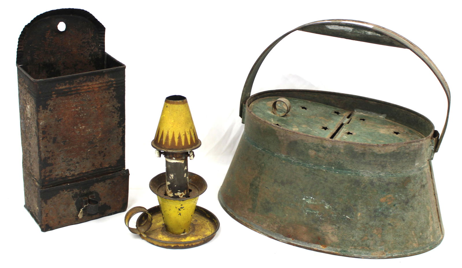 Lot of antique toleware incl match safe in red, whale oil lamp in yellow & an unusual creel in green (1 of 7)