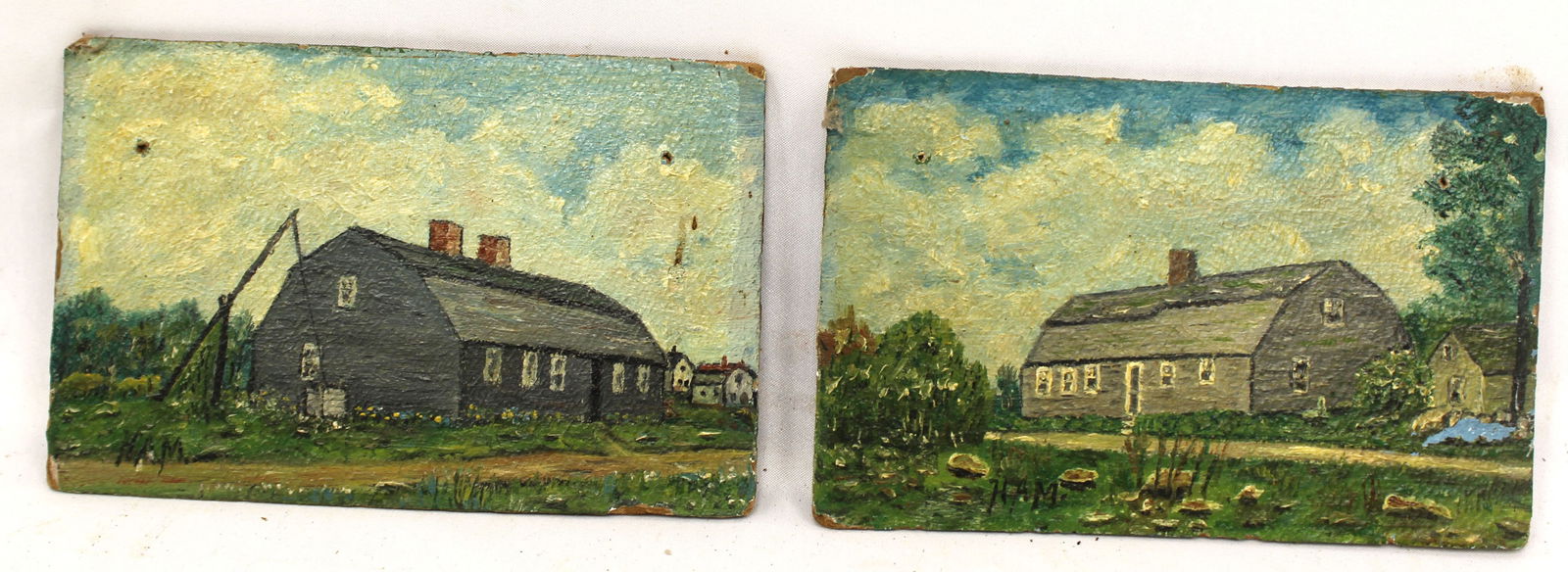 Lot of 2 miniature oil on board landscapes of The Fisher Richardson House Mansfield, MA (inscribed: Lot of 2 miniature oil on board landscapes of The Fisher Richardson House Mansfield, MA (inscribed on verso) sgnd HAM - 3 1/2"x5 1/2"
