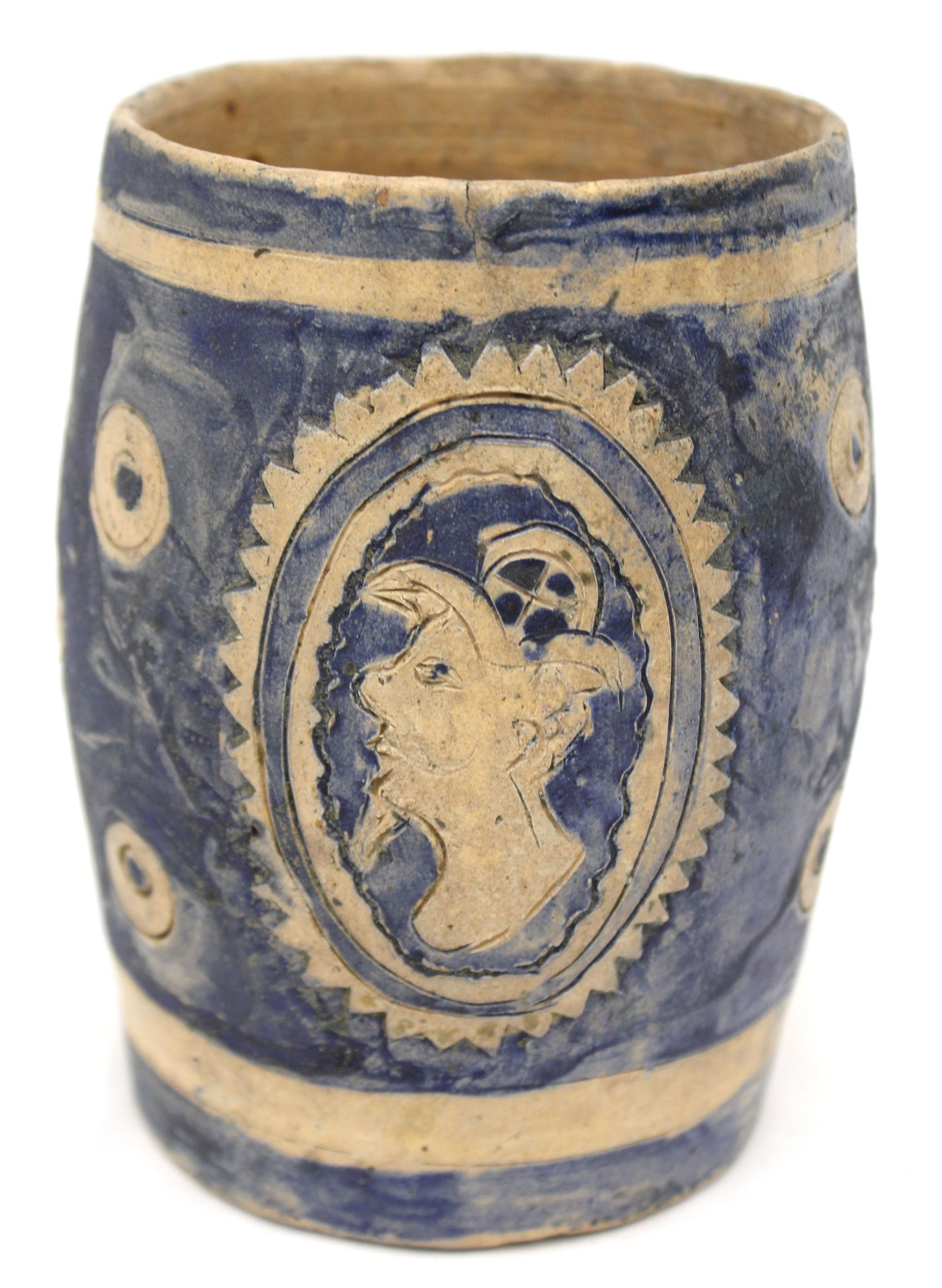 Antique stoneware cobalt dec mug - 5 1/2" tall x 3 1/2" diam: Antique stoneware cobalt dec mug - 5 1/2" tall x 3 1/2" diam