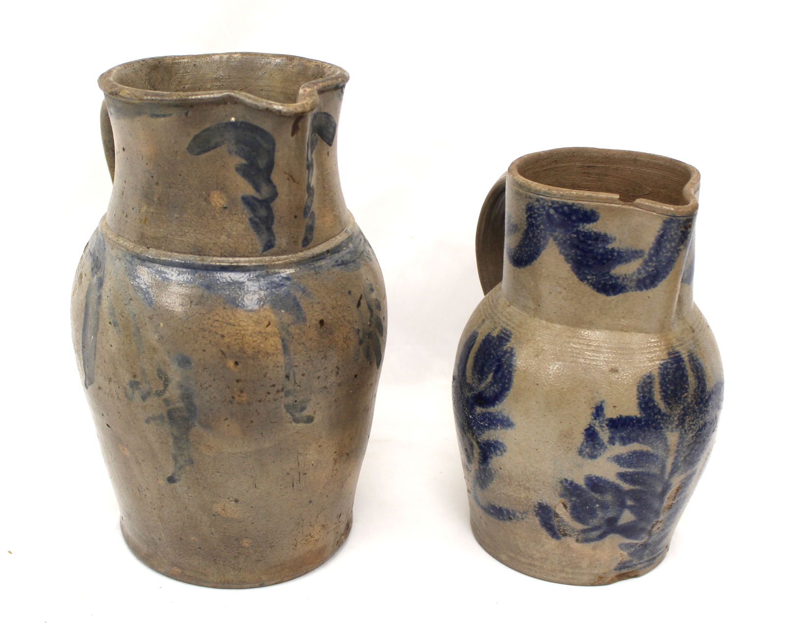 Lot of 2 antique stoneware cobalt dec pitchers - 11 1/4" & 9 1/2" tall (1 of 8)