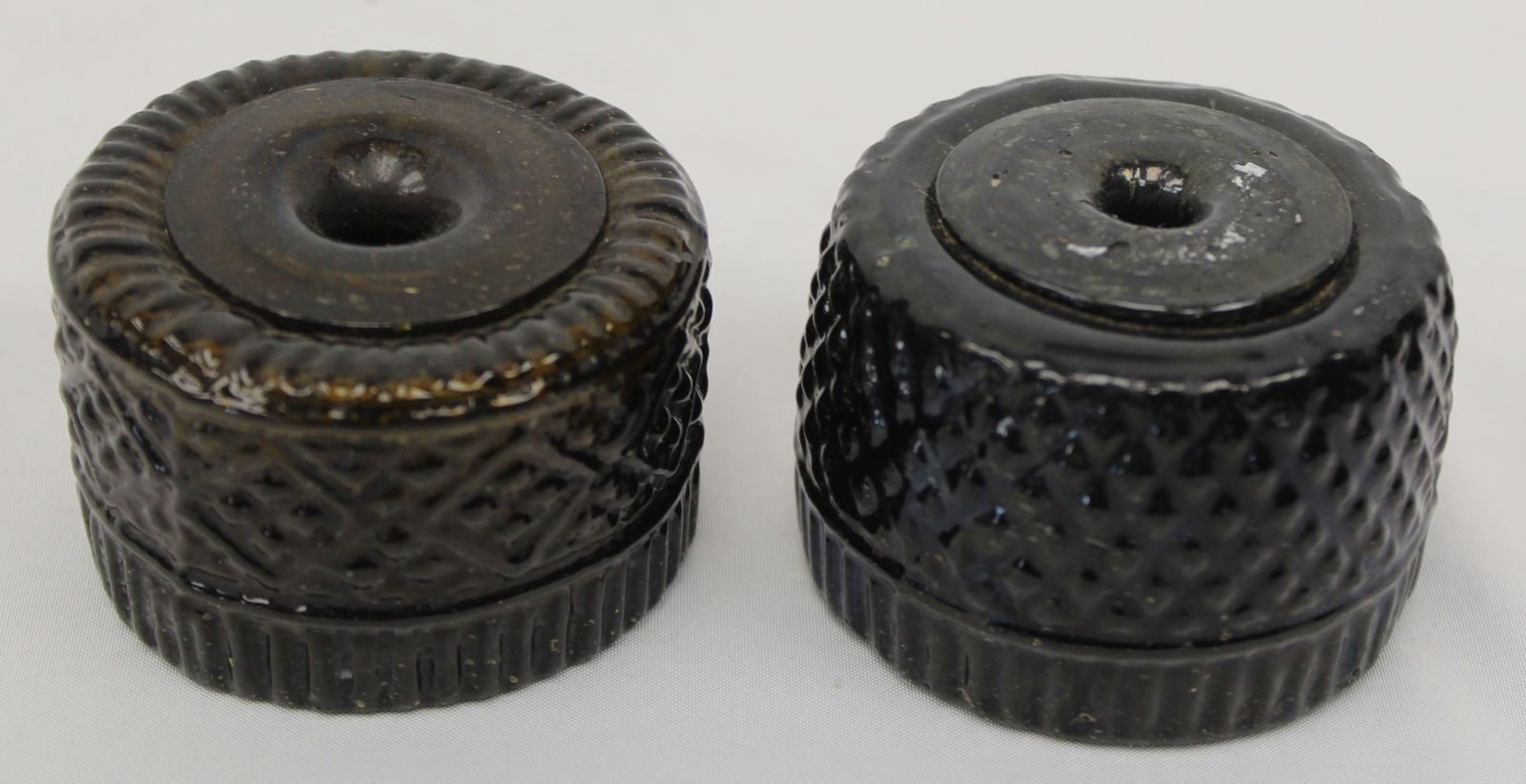 Lot of 2 antique blown three mold inkwells - approx 1 3/4" tall x 2 1/2" diam: Lot of 2 antique blown three mold inkwells - approx 1 3/4" tall x 2 1/2" diam