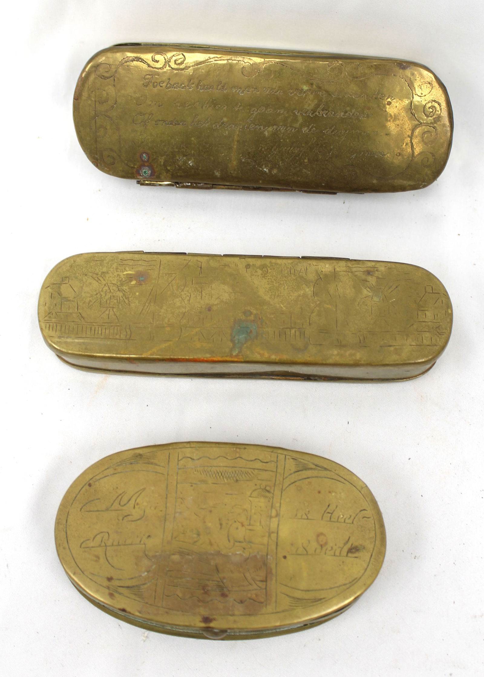 Lot of 3 antique brass snuff boxes - oval 5" & approx 6 3/4" long: Lot of 3 antique brass snuff boxes - oval 5" & approx 6 3/4" long
