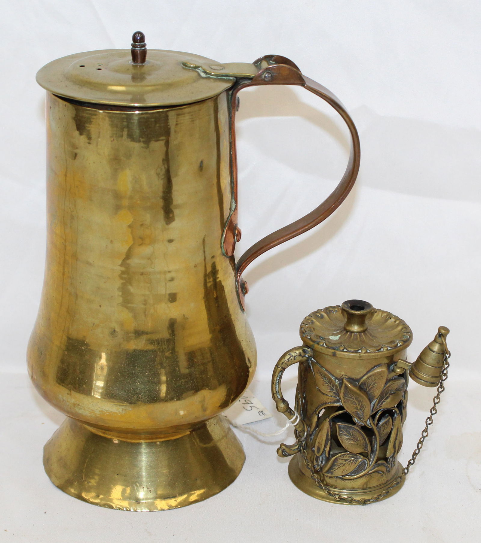 Lot of 2 antique brass vessels incl tankard w copper handle & candle/incense w snuffer - 9 1/2" & 3 (1 of 8)