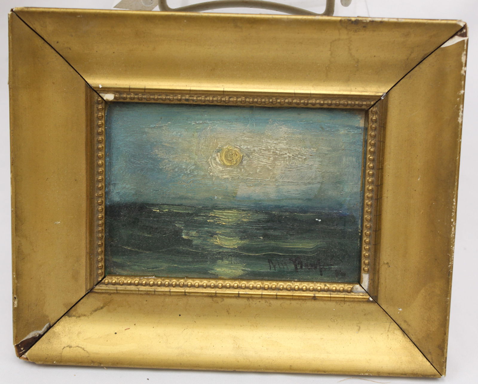 Miniature oil on board moonlit seascape signed illegibly - overall framed size 6 1/2"x7 1/2": Miniature oil on board moonlit seascape signed illegibly - overall framed size 6 1/2"x7 1/2"