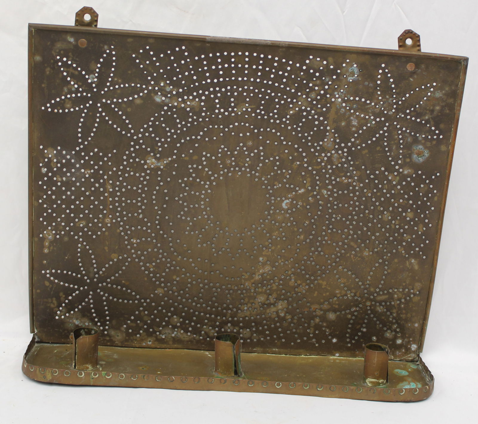 Antique punched brass 3 candle wall sconce - 17" tall x 19 1/2" wide x 5 1/2" deep (1 of 5)