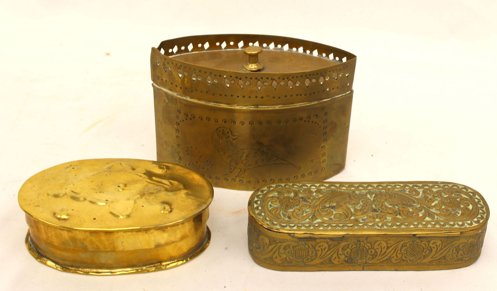 Lot of 3 antique brass boxes - 4 1/2", 5 1/2" & 3" tall x 5" long (1 of 7)