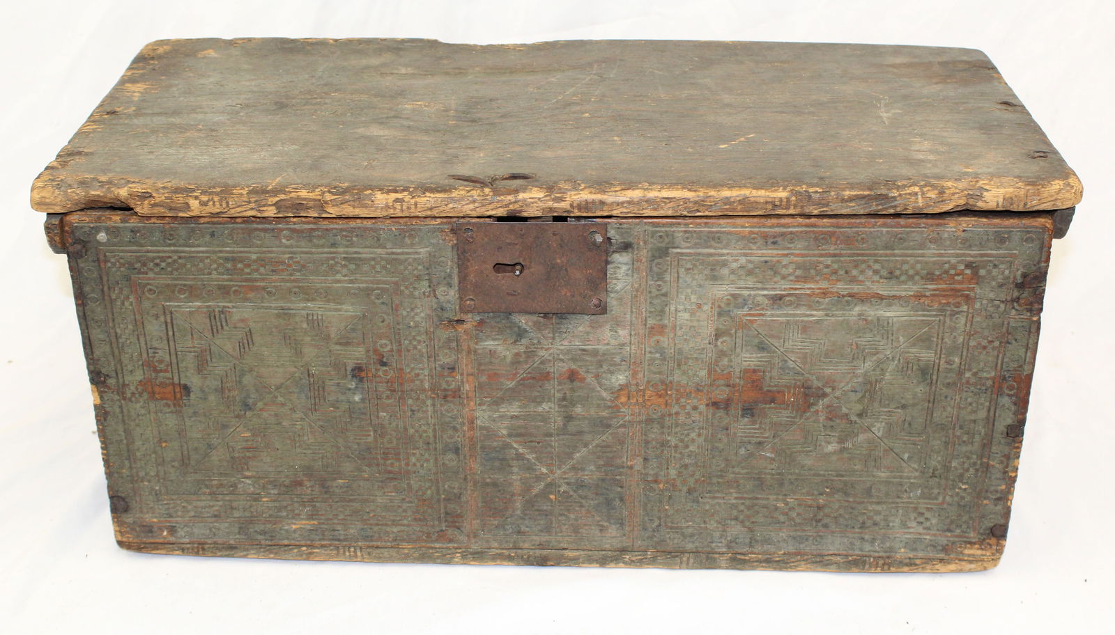 18thC heavily carved lift top pine box w wooden pintil hinges in orig painted surface - 10 1/2" tall (1 of 11)