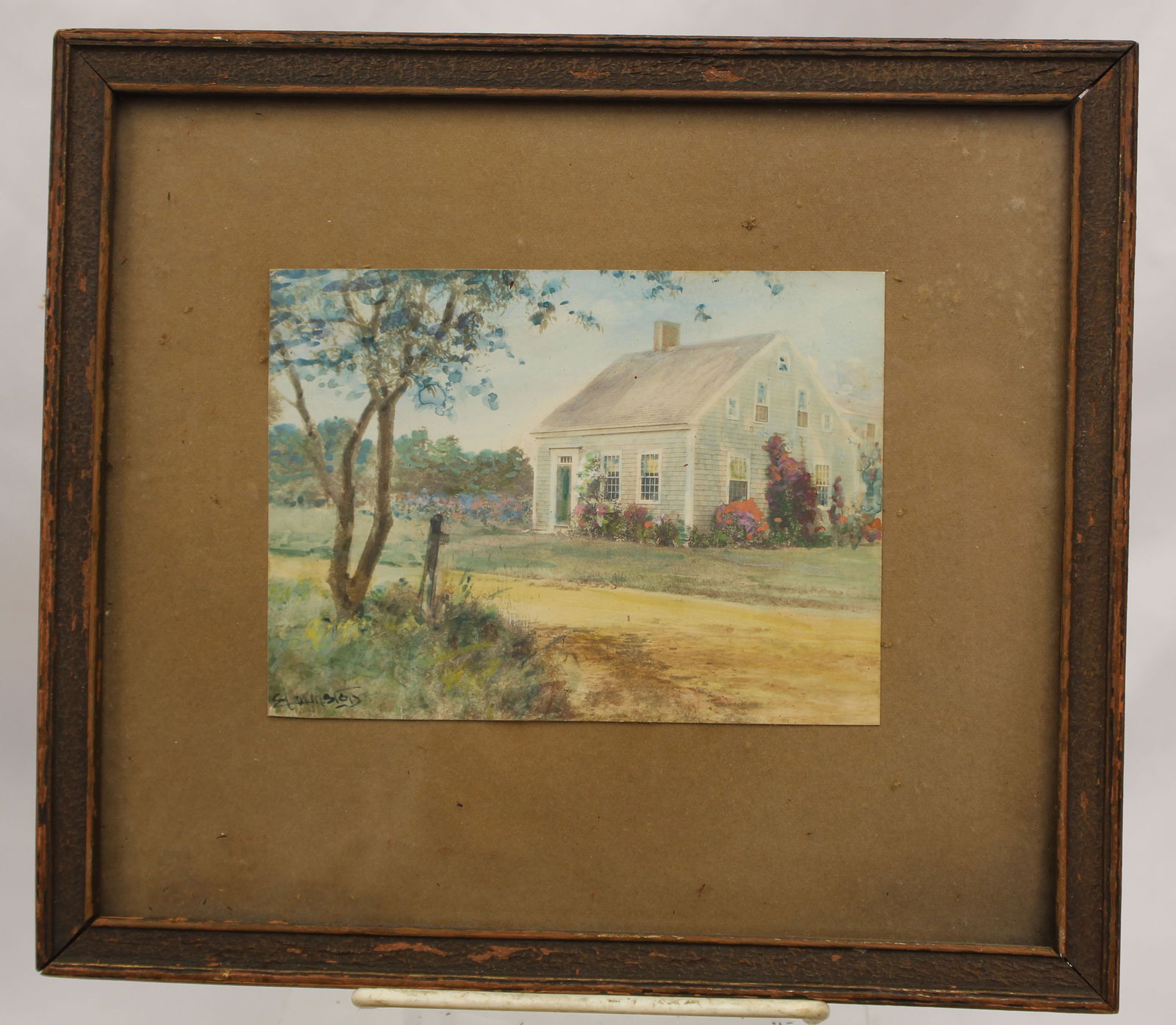 Antique watercolor landscape w house - signed illegibly - overall framed size 8"x8 1/2" (1 of 5)