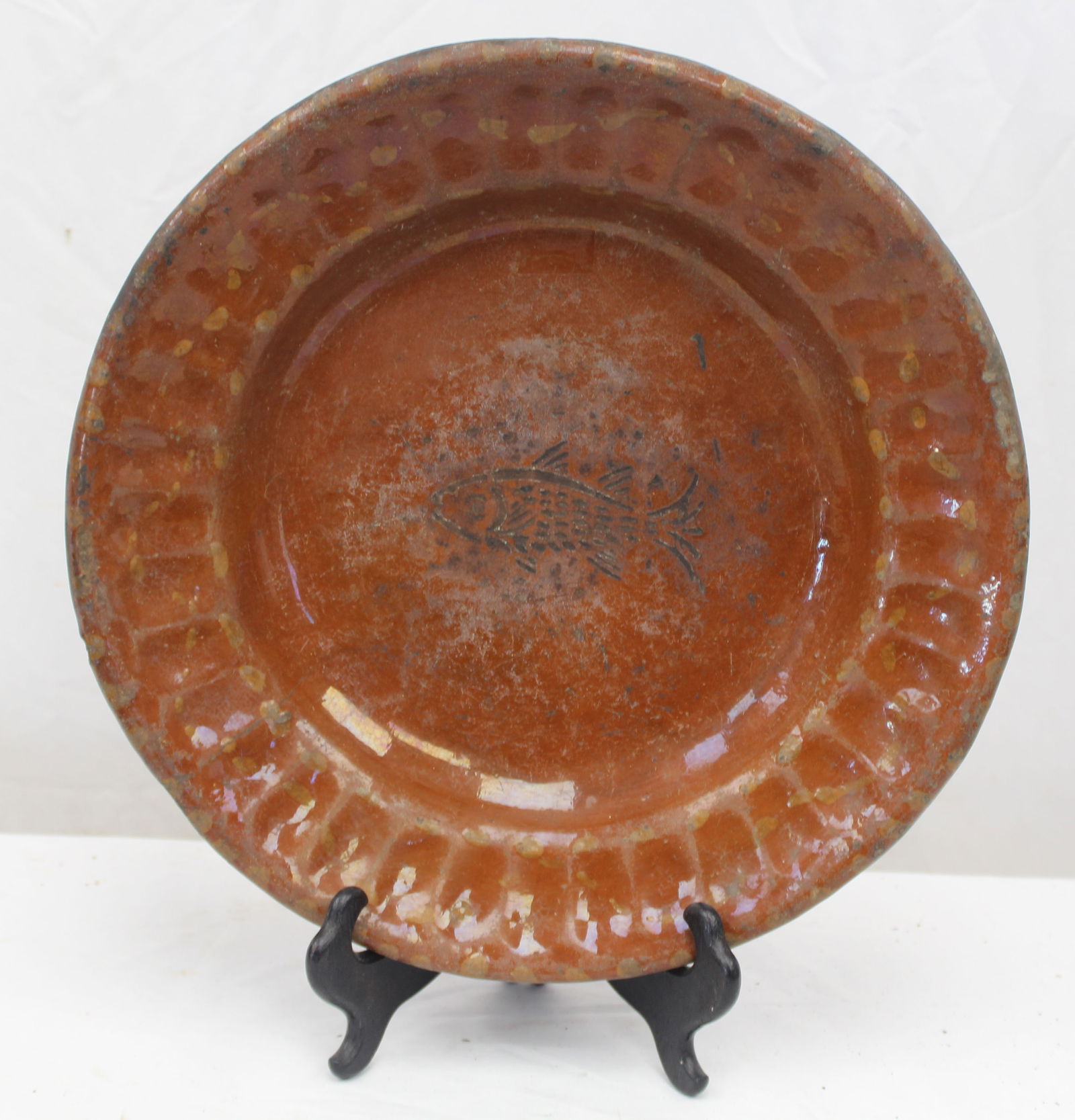 Antique redware charger w incised fish dec - 13" diam: Antique redware charger w incised fish dec - 13" diam