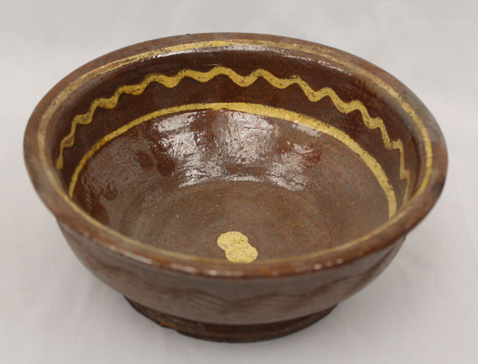 Antique redware bowl w slip dec - 2 3/4" tall x 6 3/4" diam (1 of 4)