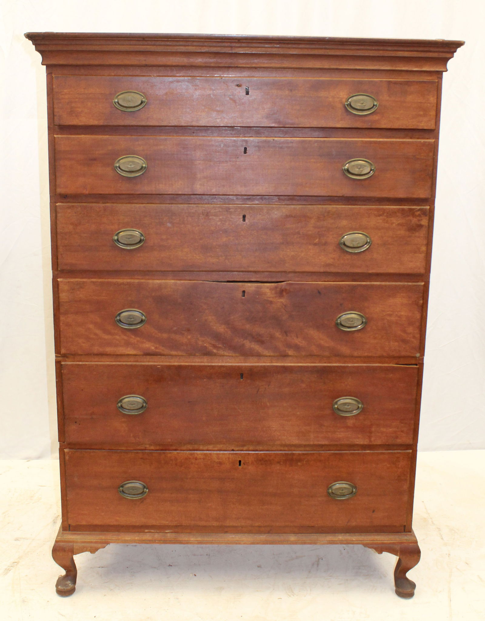 18thC NH 6 dr birch & pine tall chest in old red wash - 58" tall x 39"x19 1/2": 18thC NH 6 dr birch & pine tall chest in old red wash - 58" tall x 39"x19 1/2"