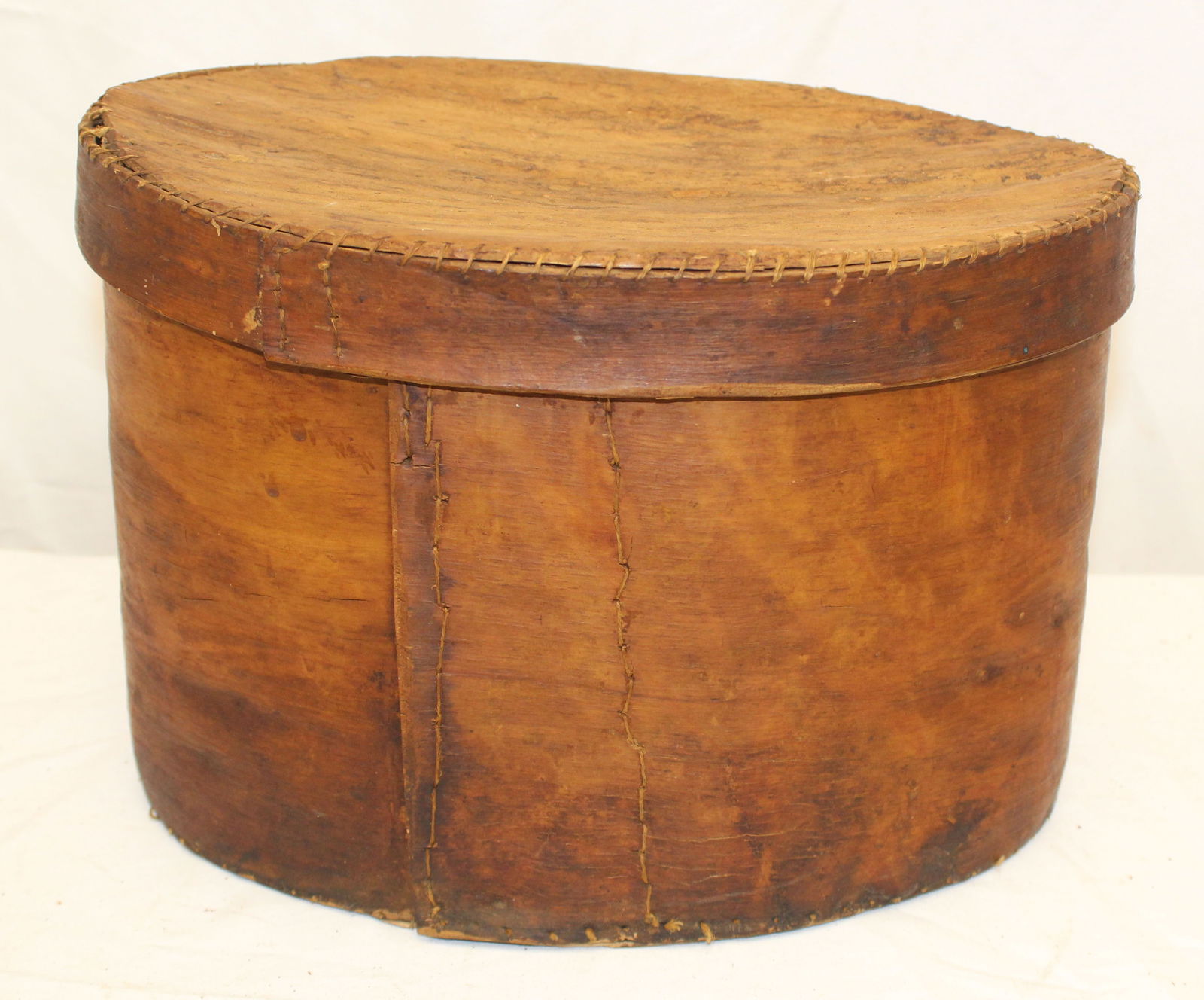 Large antique oval covered bark pantry box w stitched seams & dated 1820 wallpaper on interior -: Large antique oval covered bark pantry box w stitched seams & dated 1820 wallpaper on interior - possibly Native American - 8 1/2" tall x 12 1/2"x9"