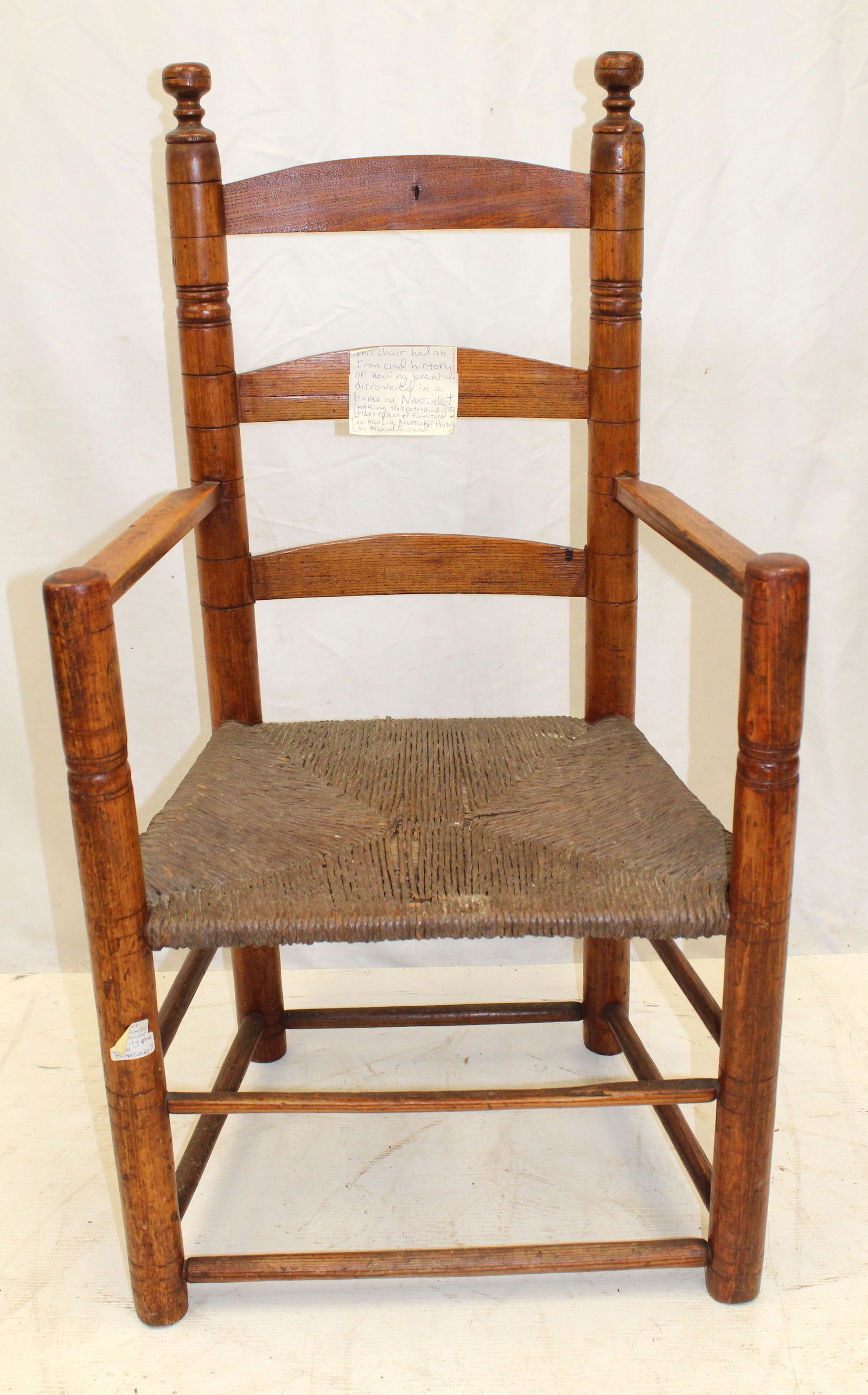 18thC 3 slat ladderback armchair w rush seat - 42" tall x 16" seat height (1 of 9)