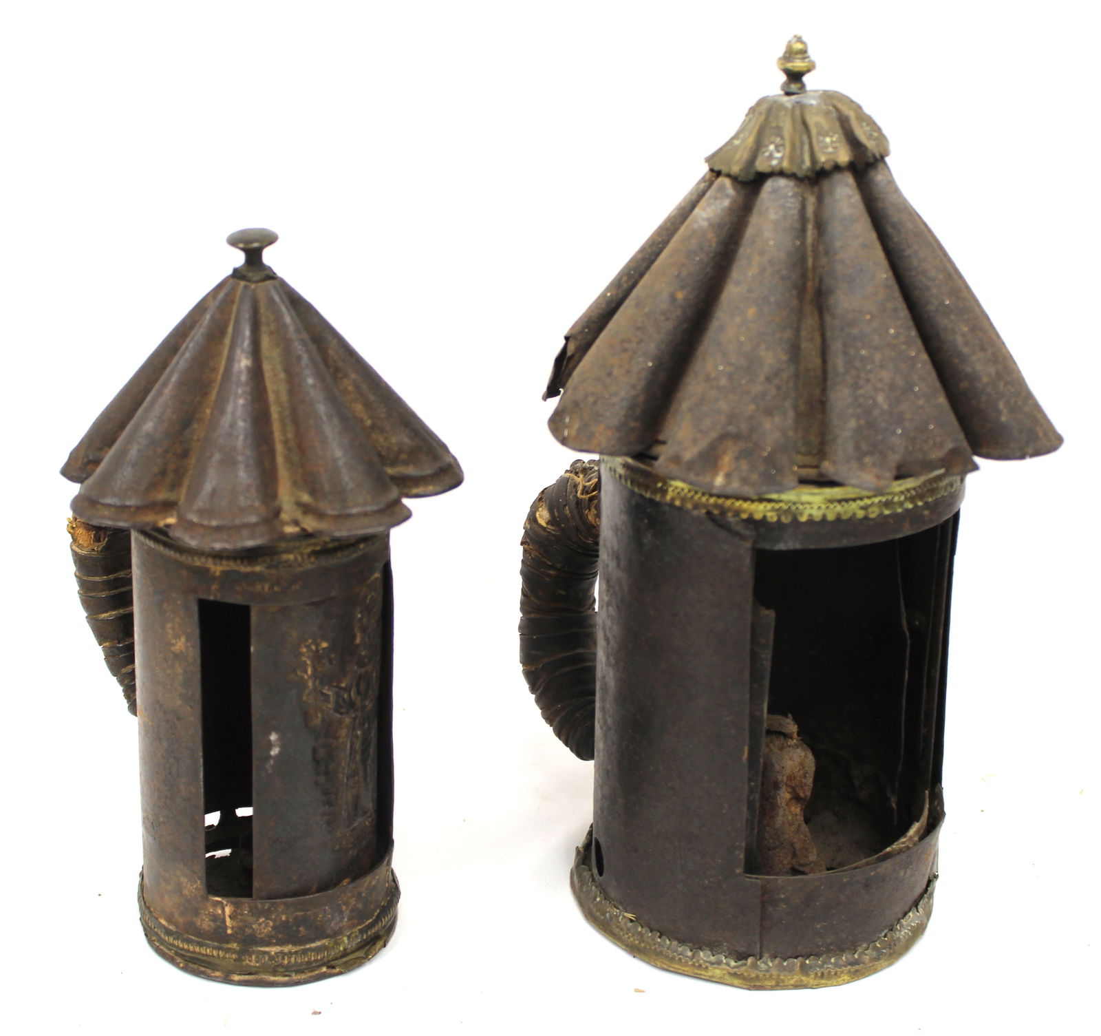 Lot of 2 antique tin lanterns - 1 w embossed religious figural decoration & the other w brass trim - (1 of 6)