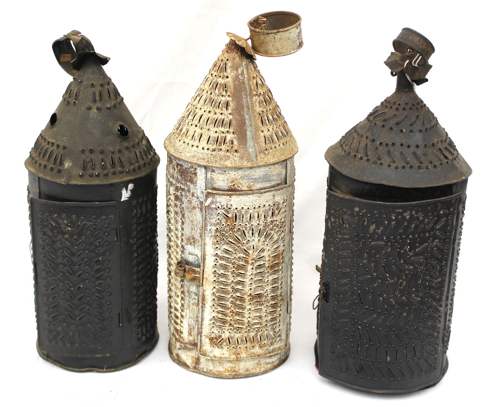 Lot of 3 antique punched tin lanterns incl 2 in black and 1 in white 14", 14 1/2" & 15" tall (1 of 5)