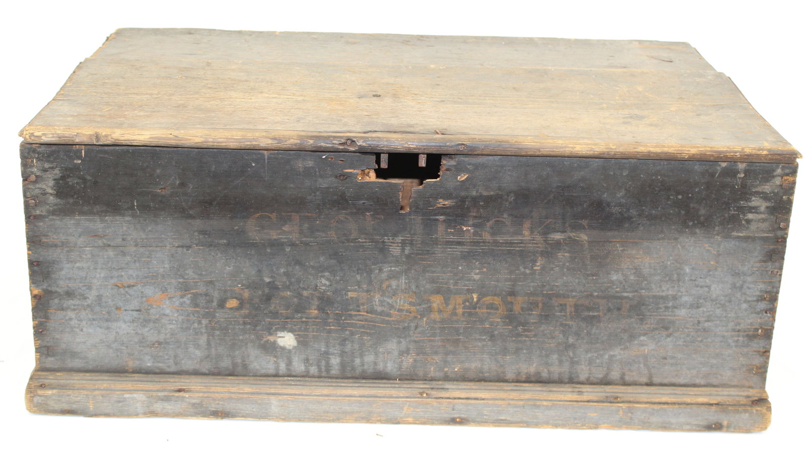 late 18th/early 19thC lift top box with "Portsmouth" on front & rope handles - as found condition -: late 18th/early 19thC lift top box with "Portsmouth" on front & rope handles - as found condition - 12 1/2" tall x 29 1/2"x18"