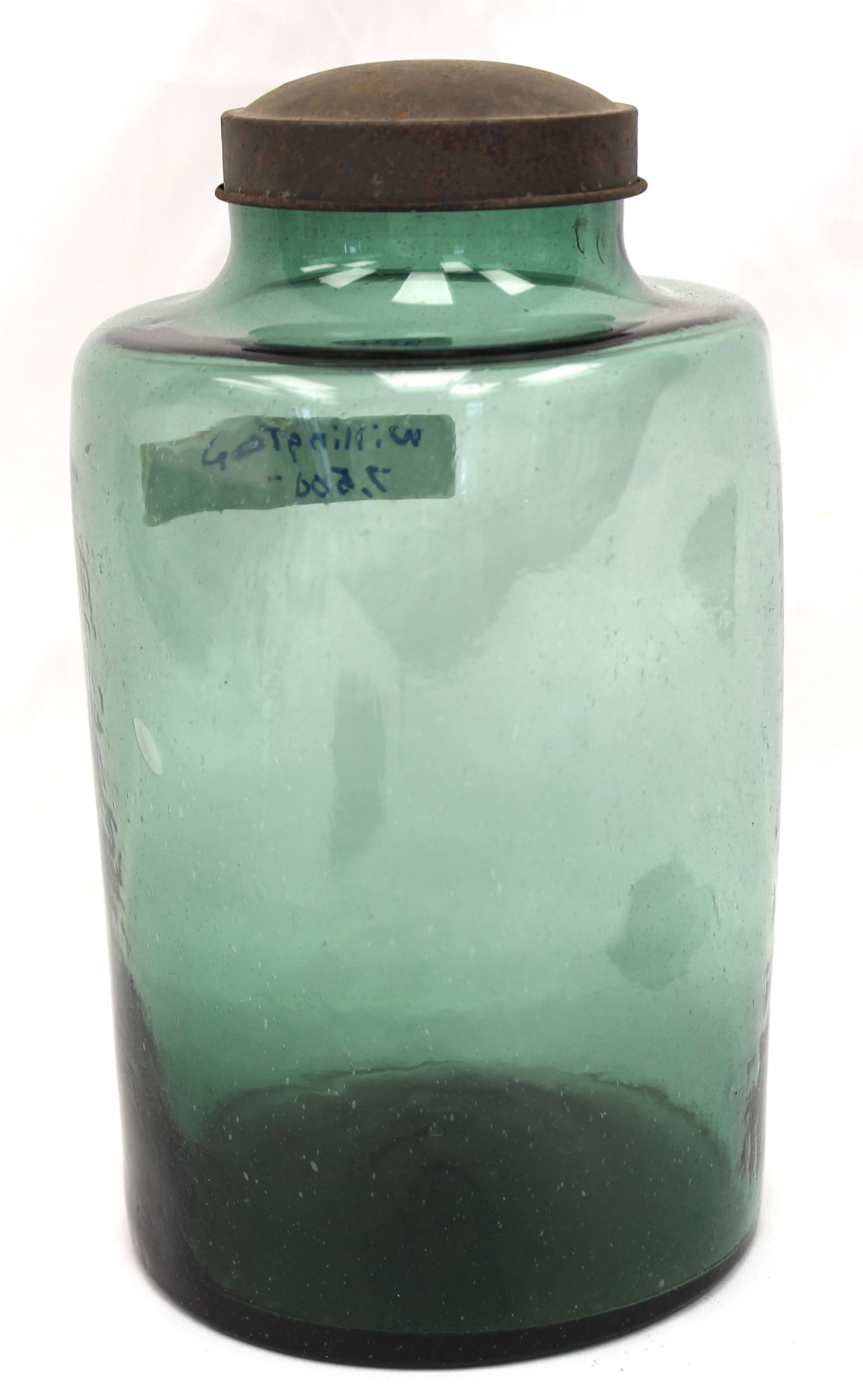 Early green glass jar w tin lid - 10 1/2" tall (1 of 5)