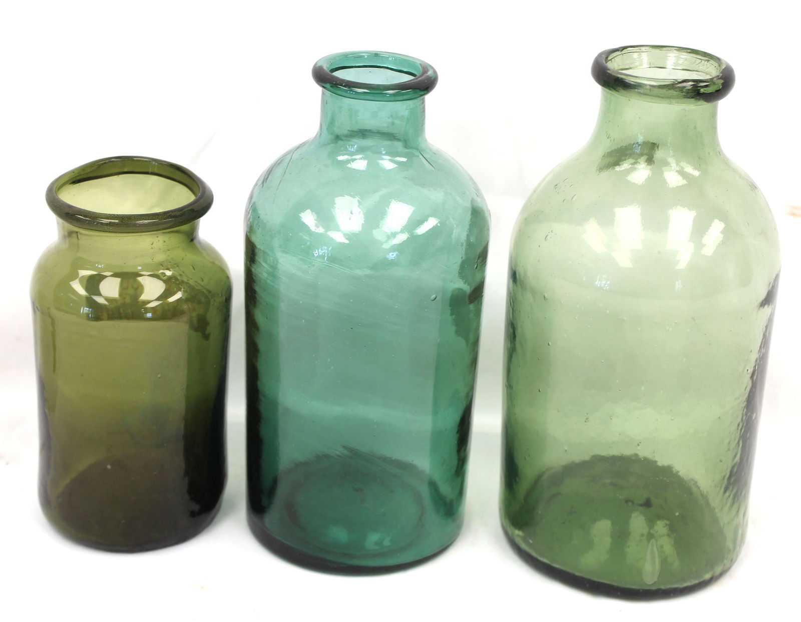 Lot of 3 early glass jars in various sizes and shades of green - 6 1/2", 8 1/2" & 9" tall (1 of 6)