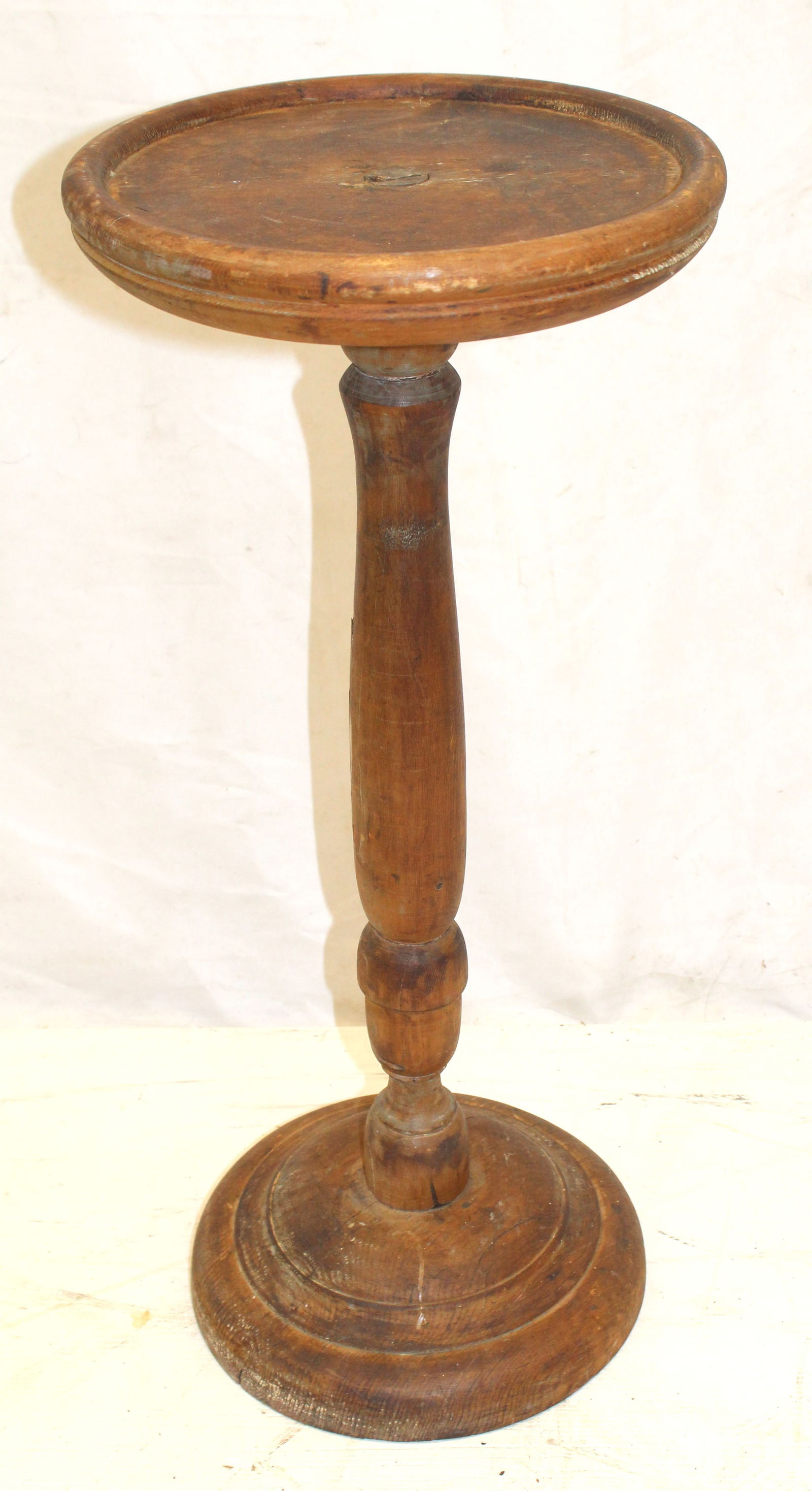 19thC candlestand w round top & base in old surface - 26 1/2" tall x 11 1/5" diam top (1 of 6)