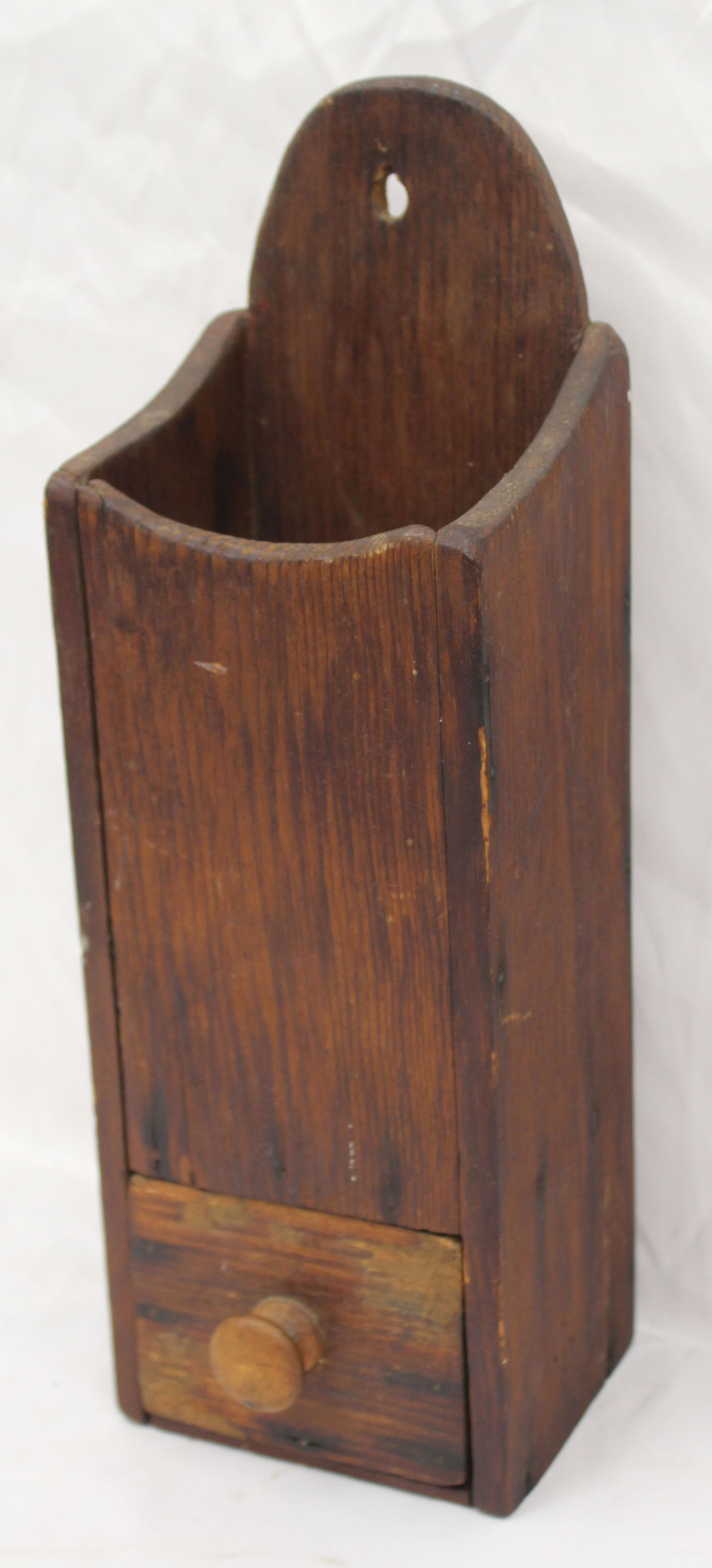 Antique 1 drawer wall hanging pipe or candle box - 13" tall x 4 1/2" wide x 3 1/2" deep (1 of 4)