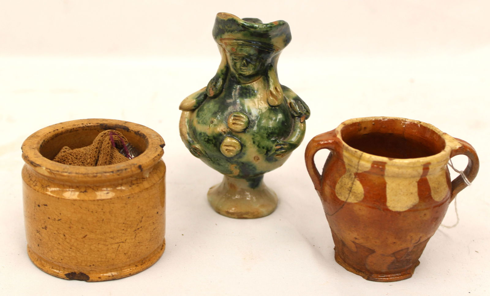 Lot of 3 antique small earthenware/redware items incl pitcher, 2 handled jar & mustard pot - 4 1/4", (1 of 10)