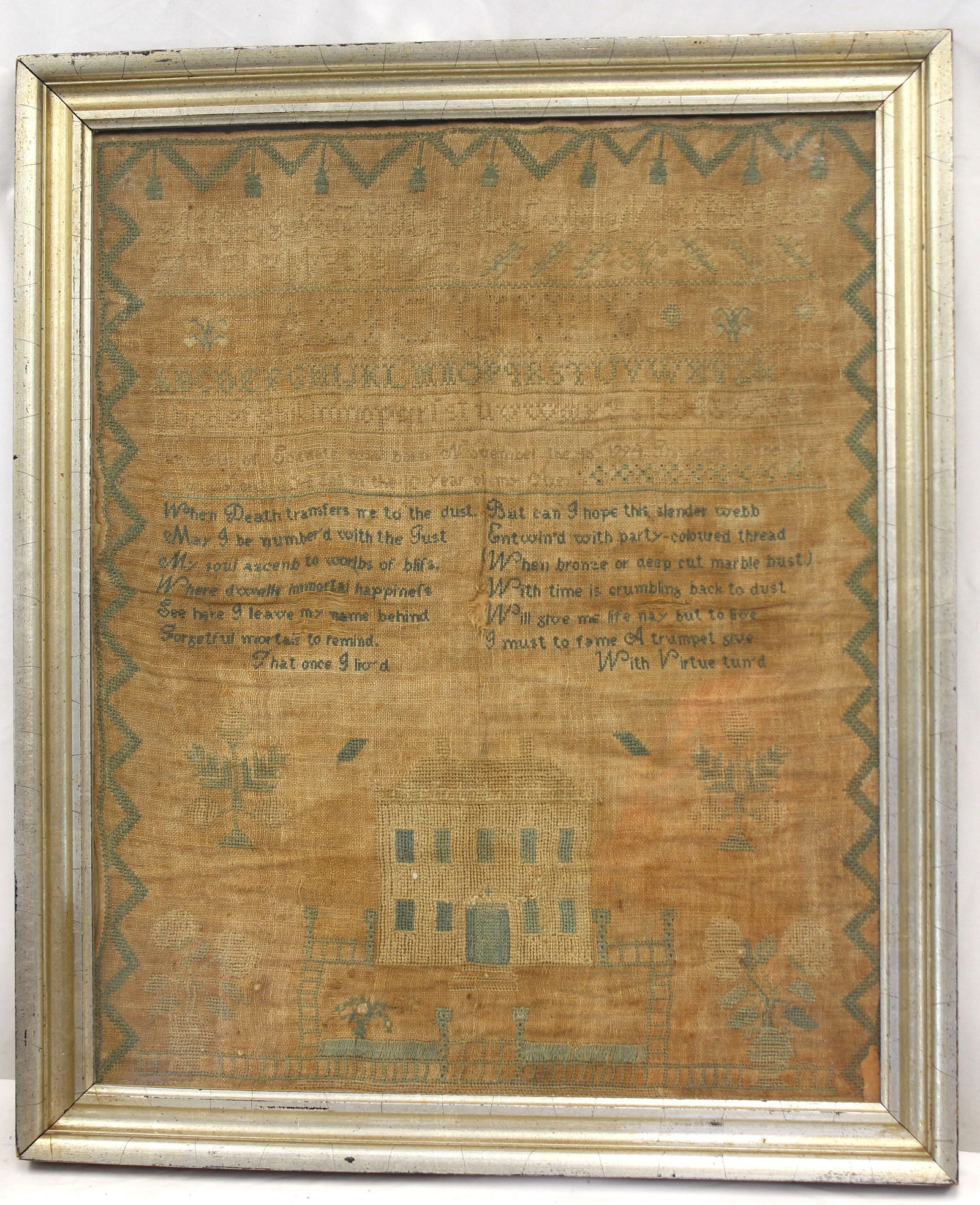 Early 19thC sampler from Scituate (MA) by Jan Olie(?) born 1794 done in 1804 at 10 years old -: Early 19thC sampler from Scituate (MA) by Jan Olie(?) born 1794 done in 1804 at 10 years old - overall framed size 22 1/2"x19 1/2"