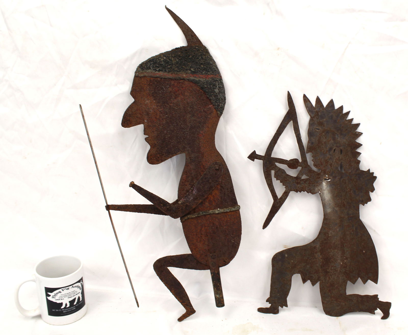 Lot of 2 sheet iron Native American figural weathervanes - 17" & 22" tall: Lot of 2 sheet iron Native American figural weathervanes - 17" & 22" tall