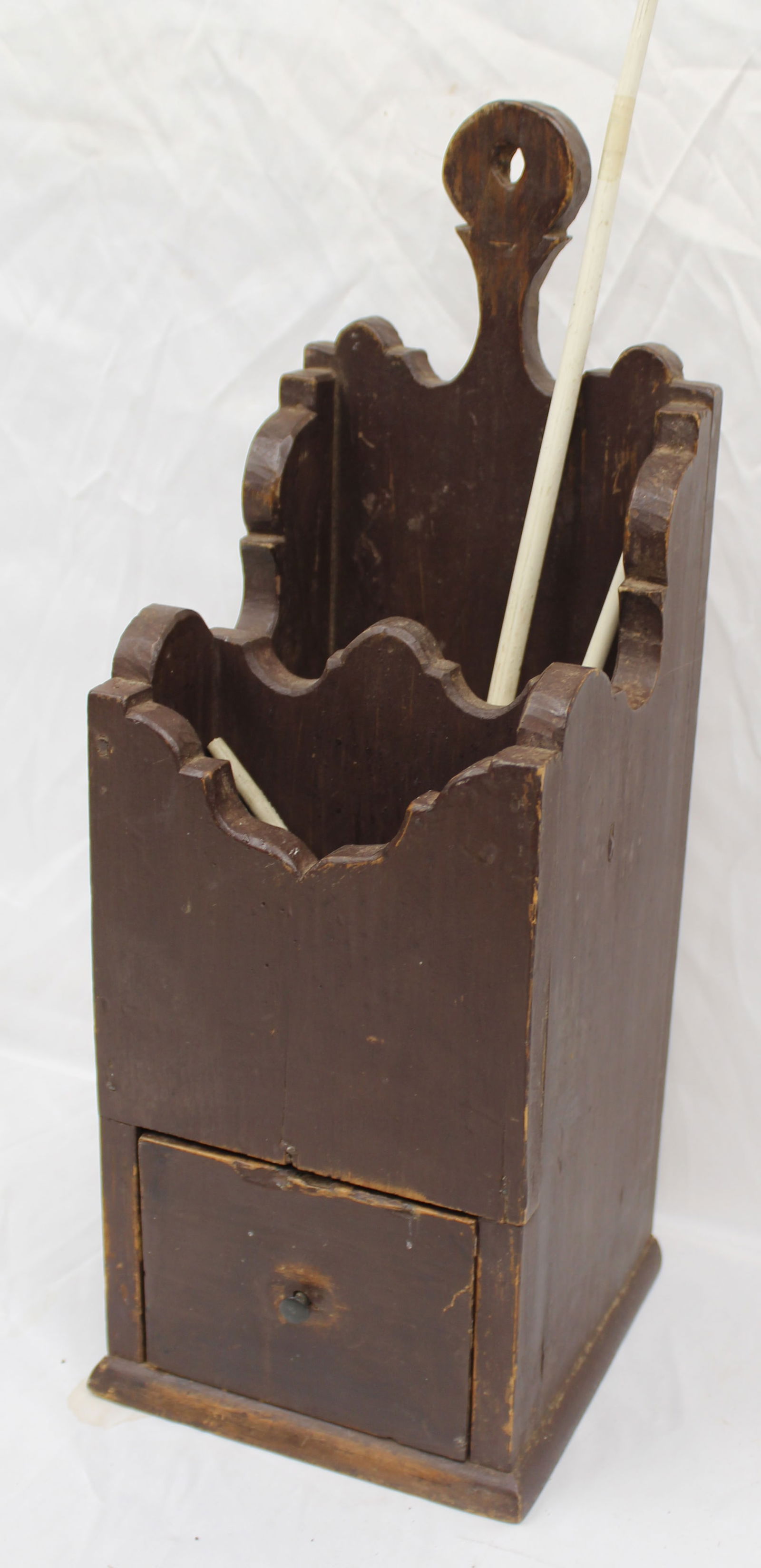 Antique 1 drawer wall hanging pipe or candle box - w 2 section interior & clay pipes - 18 1/2" tall: Antique 1 drawer wall hanging pipe or candle box - w 2 section interior & clay pipes - 18 1/2" tall x 6 1/2" wide x 6" deep