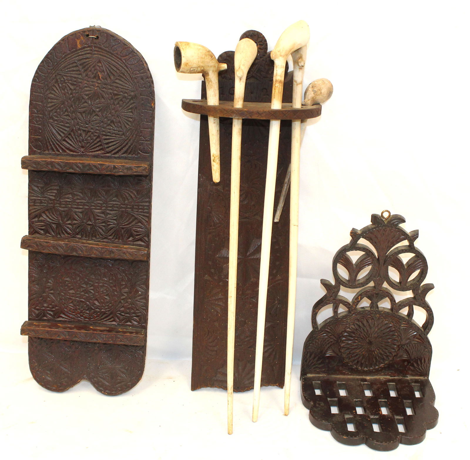 Lot of 3 antique wooden wall hanging pipe/spoon racks w some clay pipes - 9", 15" & 15 1/2" tall: Lot of 3 antique wooden wall hanging pipe/spoon racks w some clay pipes - 9", 15" & 15 1/2" tall