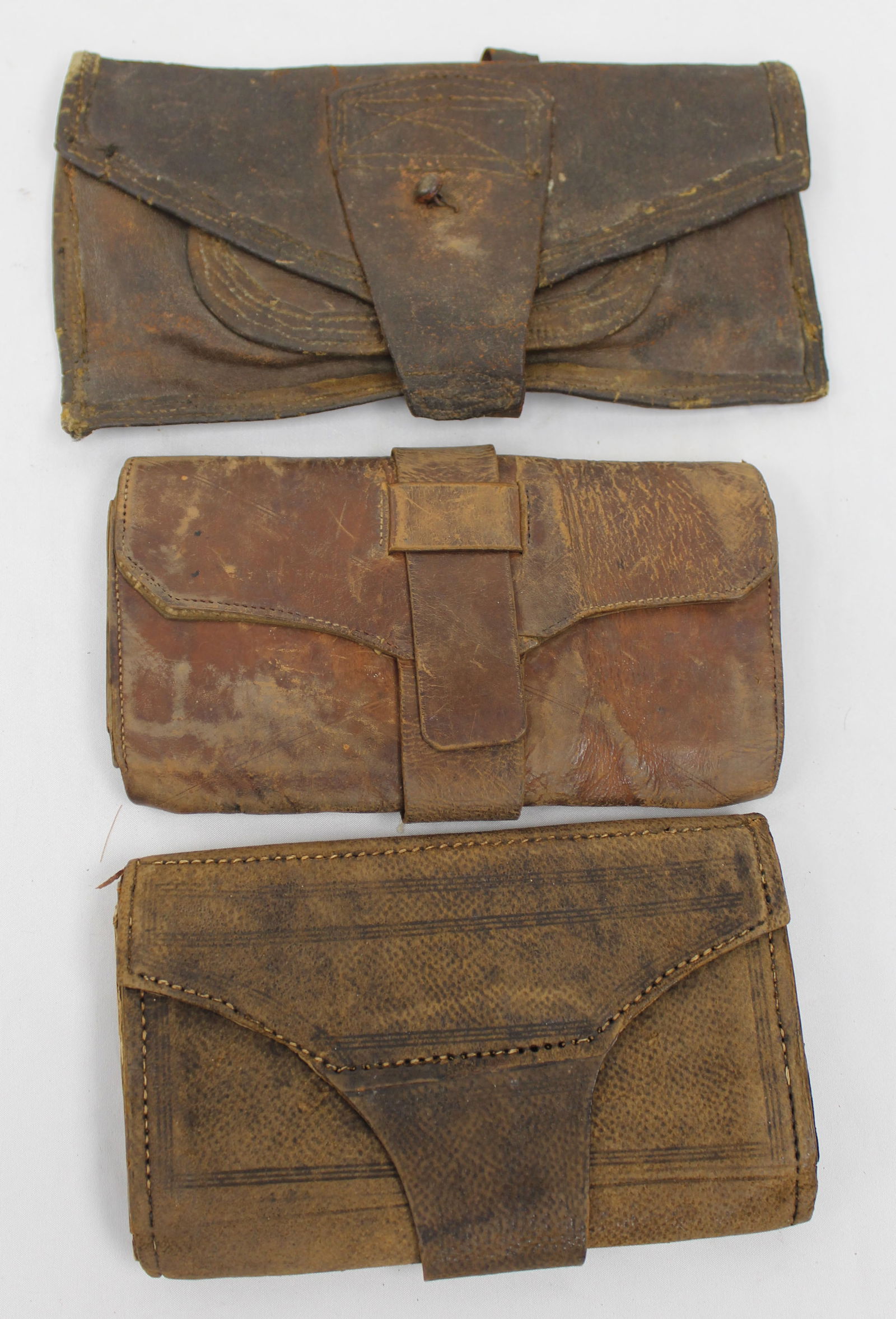 Lot of 3 antique leather wallets - approx 6 1/2" - 8 1/2" wide: Lot of 3 antique leather wallets - approx 6 1/2" - 8 1/2" wide