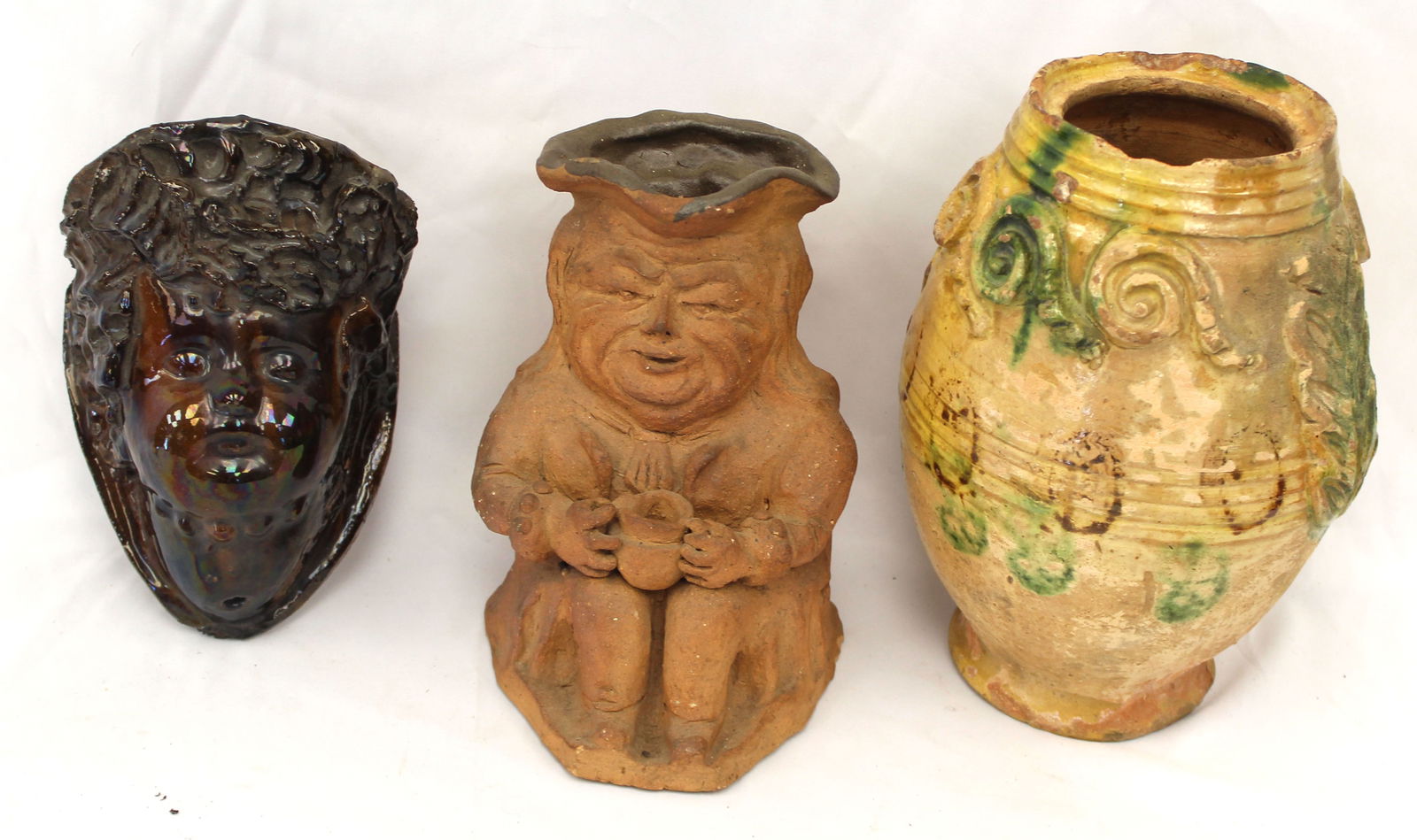 Lot of 3 antique earthenware items incl figural wall pocket & pitcher plus a jar - 7",8" & 9" tall (1 of 10)